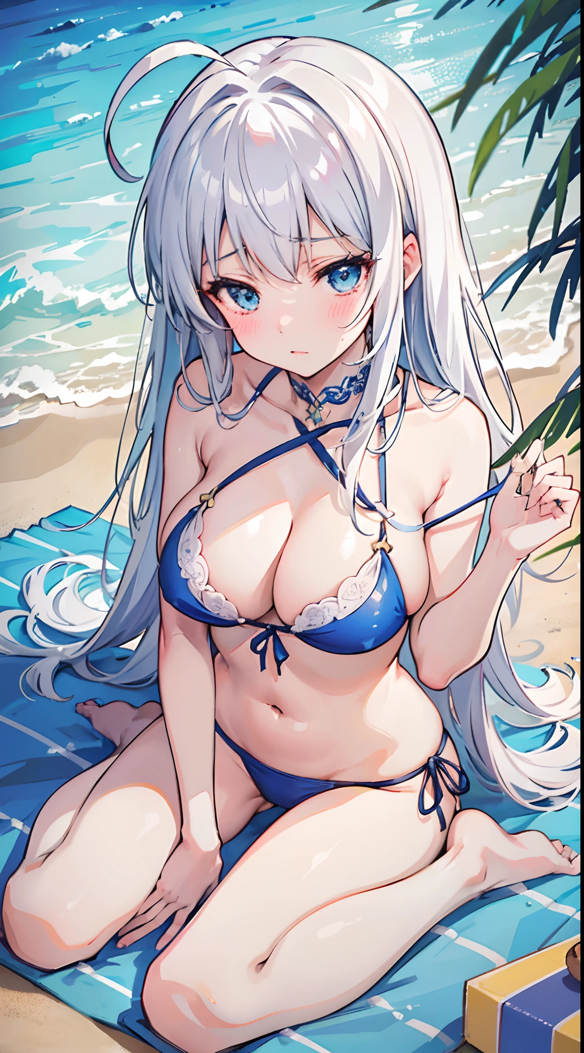 {An ultra-high picture quality}，{Best Quality}, {ultra-detailliert}, {very detailed illustration}, {Top image quality}，{{silber hair}}, Aimei, breastsout，embarrassed from，Ahoge，Mature body，sensually，The bikini，Sit up，the beach