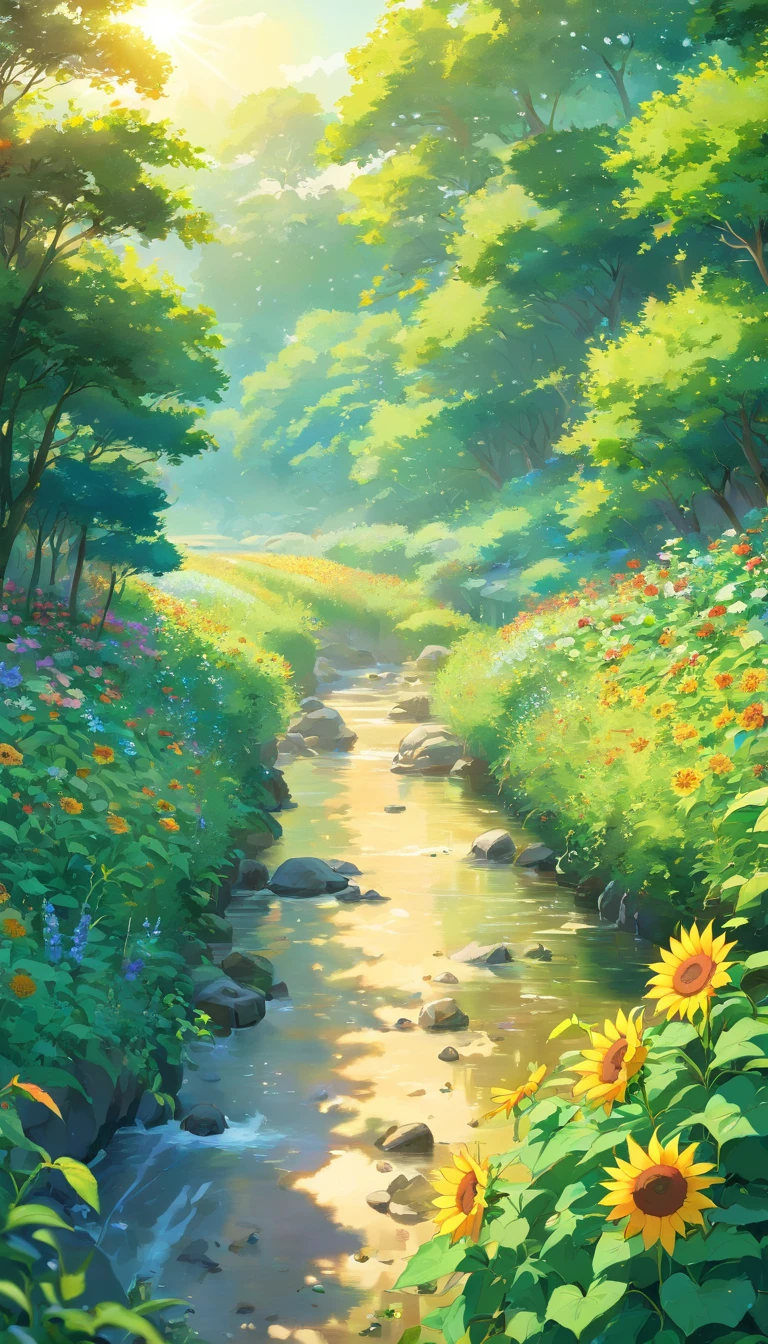 (best quality,4k,8k,highres,masterpiece:1.2),ultra-detailed,(realistic,photorealistic,photo-realistic:1.37),HDR,UHD,studio lighting,ultra-fine painting,sharp focus,physically-based rendering,extreme detail description,professional,vivid colors,bokeh,landscapes,flowers,nature,golden hour,peaceful,harmonious,strong contrast,lush greenery,sun-kissed,serene,infinite horizon,reflective surface,calm river,sunflowers,tomato plants,sun-drenched fields,tranquil atmosphere,colorful blossoms,fertile soil,gentle breeze,illuminated petals,abundant harvest,captivating beauty,splendid tapestry,natural abundance,serendipitous growth,bountiful nature,dreamy sunlight,refreshing scent,verdant vegetation,meandering stream; without character
