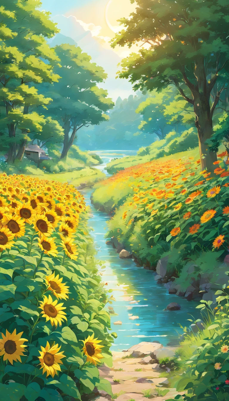 (best quality,4k,8k,highres,masterpiece:1.2),ultra-detailed,(realistic,photorealistic,photo-realistic:1.37),HDR,UHD,studio lighting,ultra-fine painting,sharp focus,physically-based rendering,extreme detail description,professional,vivid colors,bokeh,landscapes,flowers,nature,golden hour,peaceful,harmonious,strong contrast,lush greenery,sun-kissed,serene,infinite horizon,reflective surface,calm river,sunflowers,tomato plants,sun-drenched fields,tranquil atmosphere,colorful blossoms,fertile soil,gentle breeze,illuminated petals,abundant harvest,captivating beauty,splendid tapestry,natural abundance,serendipitous growth,bountiful nature,dreamy sunlight,refreshing scent,verdant vegetation,meandering stream; without character