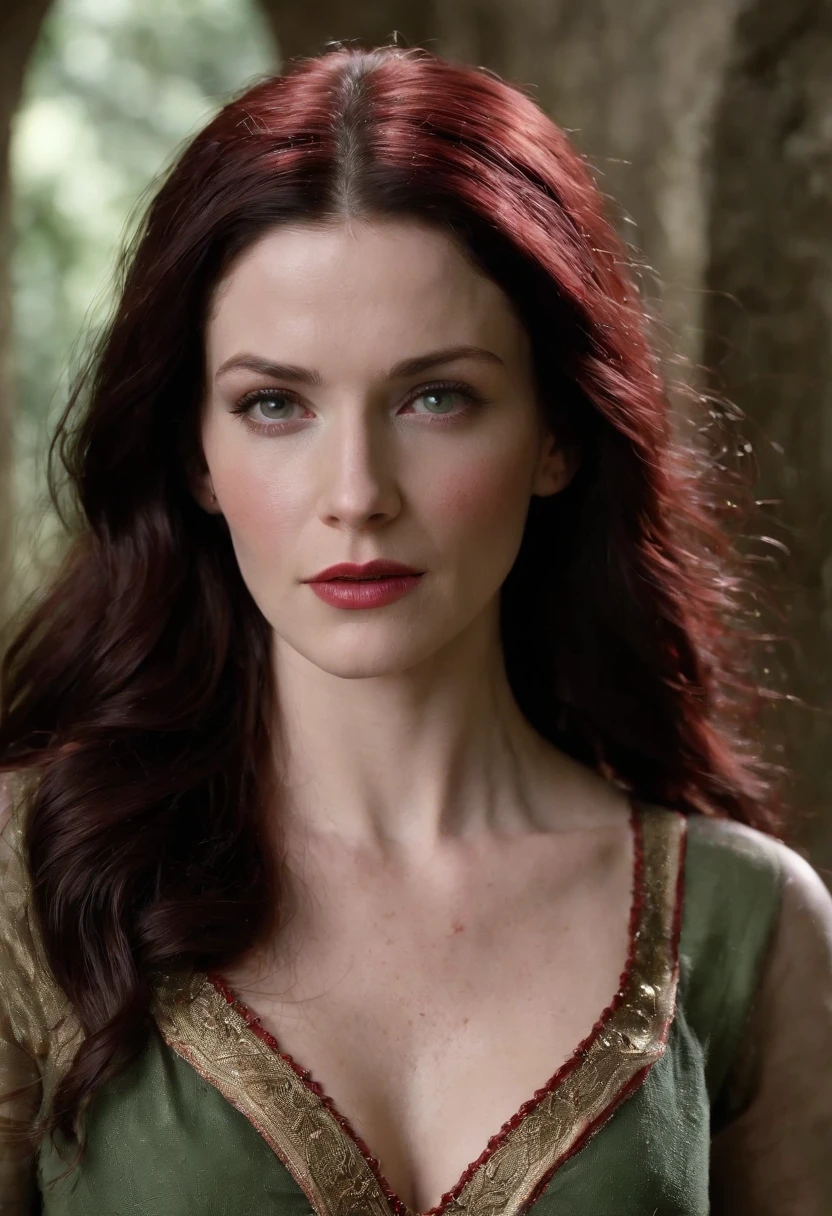 (((a deep reddish wound crosses her left cheek))) fair complexion, Kahlan Amnell around 30 years old, legend of the seeker, 1 woman, bridget regan, natural long black hair, distinctive green eyes, wearing kohl, slender and graceful, large breasts, beautiful, in a dark ancient dungeon, wounded, one breast exposed, torn clothes, hands above head tied in chains, sex slave, ultra sharp focus, realistic shot, medieval female clothes, tetradic colors (scar:1.4)
