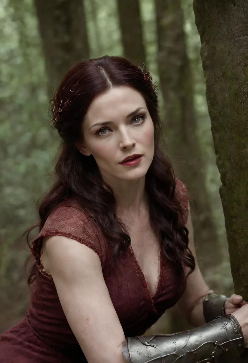 (((a deep reddish wound crosses her left cheek))) fair complexion, Kahlan Amnell around 30 years old, legend of the seeker, 1 woman, bridget regan, natural long black hair, distinctive green eyes, wearing kohl, slender and graceful, large breasts, beautiful, in a dark ancient dungeon, wounded, one breast exposed, torn clothes, hands above head tied in chains, sex slave, ultra sharp focus, realistic shot, medieval female clothes, tetradic colors (scar:1.4)