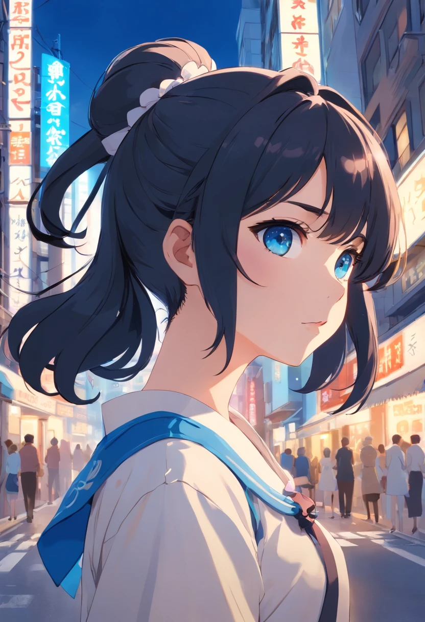 Black color hair,Double ponytail curls,blue color eyes,White Lolita,Beth,A bustling city street