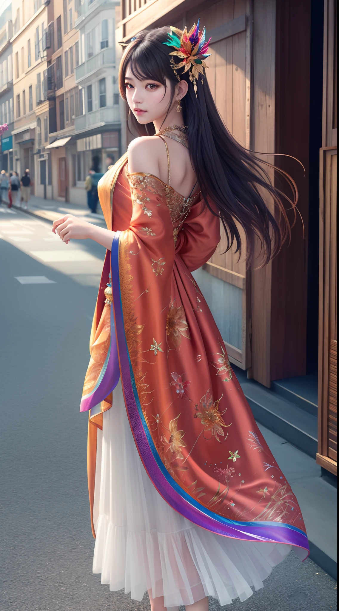 realistic,photorealistic,masterpiece,best quality,1girl,solo,(standing in street),looking at viewer,(long hair),(hair ornament:1.4),(focus on),(((colorful))),Masterpiece,best quality,beautifully painted,highly detailed,(denoising:0.6),highly,detaild,(masterpiece, best quality, extremely detailed CG unity 8k wallpaper,masterpiece, best quality, ultra-detailed),(Lycoris radiata),