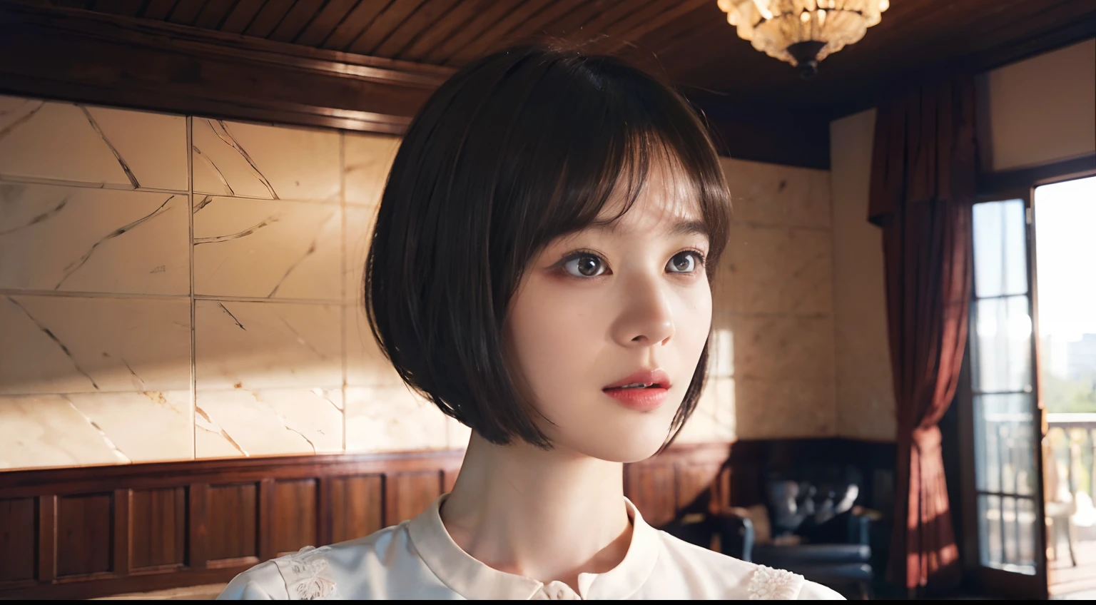 21
(Shorthair:1.3), (a 20 yo woman), (A hyper-realistic), (masutepiece), (8KUHD), Focus on the face, (The walls of the room are fractal design:1.23)