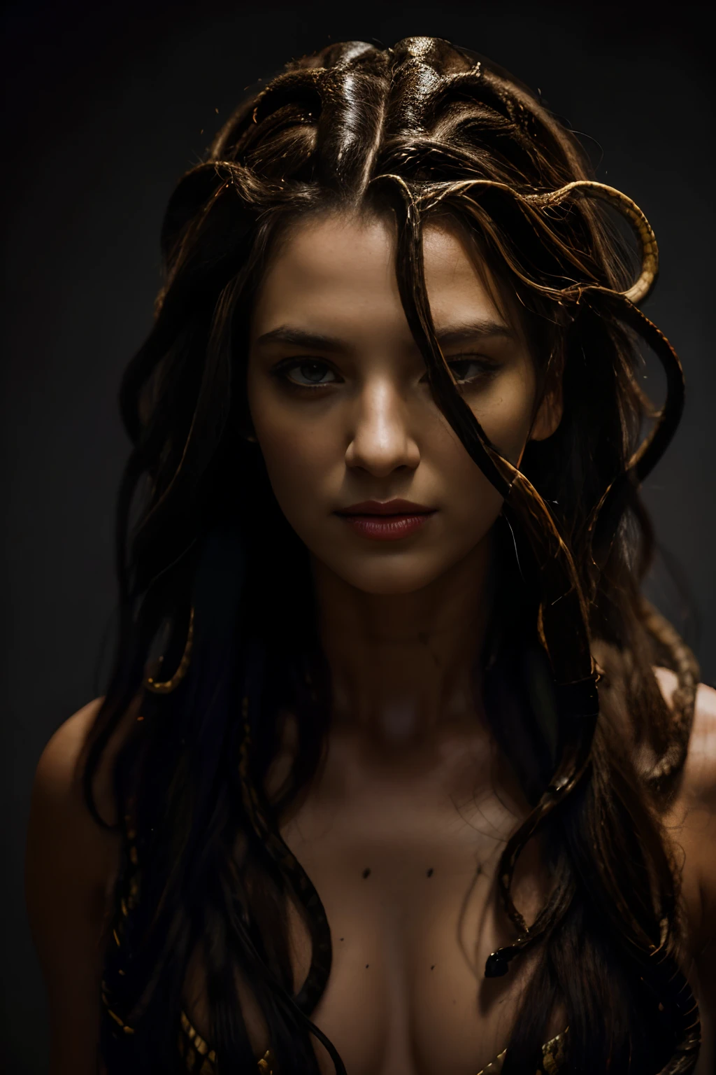 portrait photo of the face of mythological Medusa, snake hair, (woman with living venomous snakes in place of hair), visible heads of snakes from her head, (snake hair), visible eyes of sinuous snakes, extremely detailed snakeskin, detailed snakeskin, film grain, depth of field, soft lights, realistic, 8k, blur focus, high details, majestic photograph, professional photo, silhouette lighting