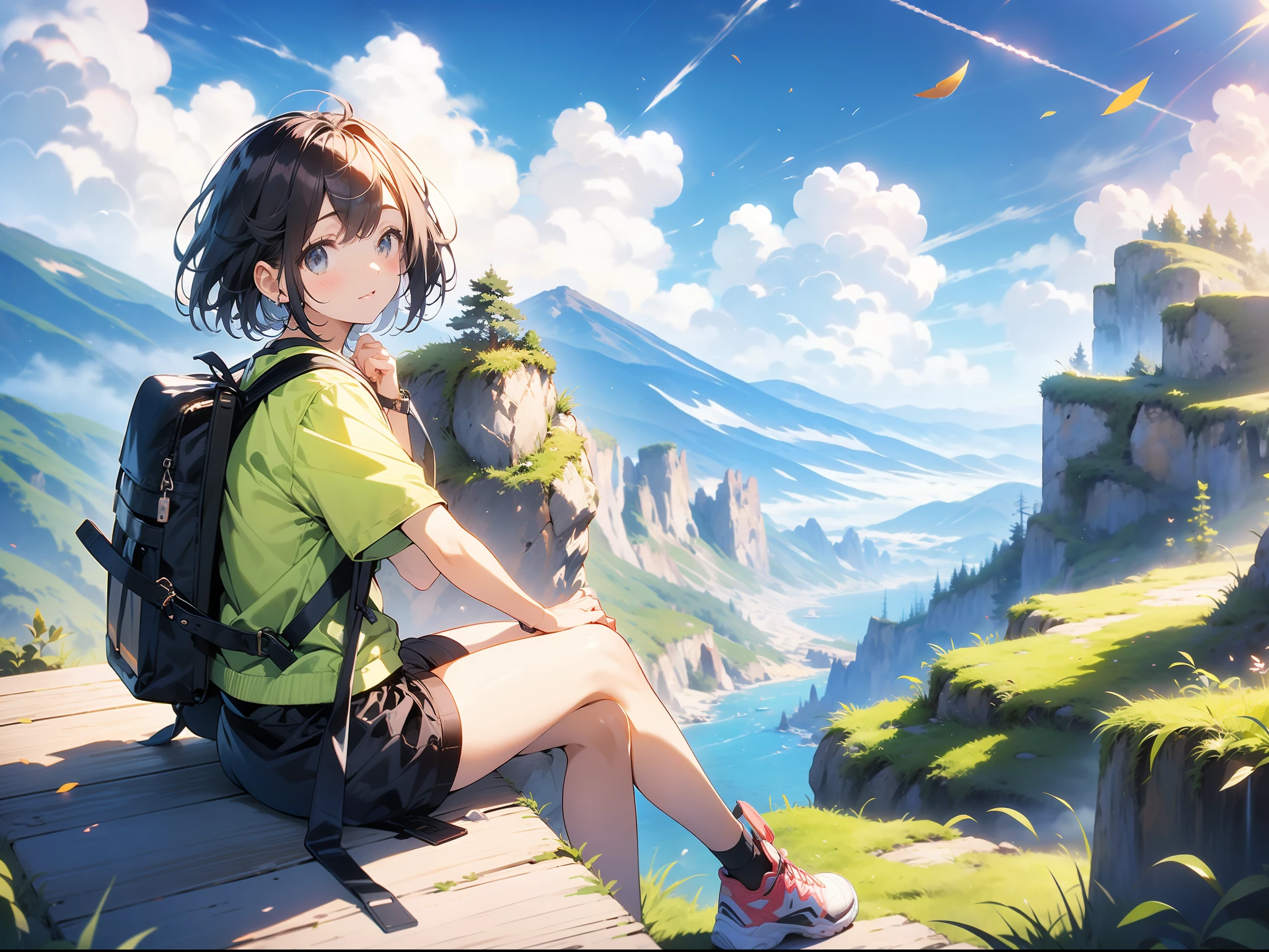 in 8K、top-quality、masterpiece、ultra-detailliert、Ultra-high resolution、((1 persons))、girl with、Short Bob、mountain climbing、backpack、Colored leaves