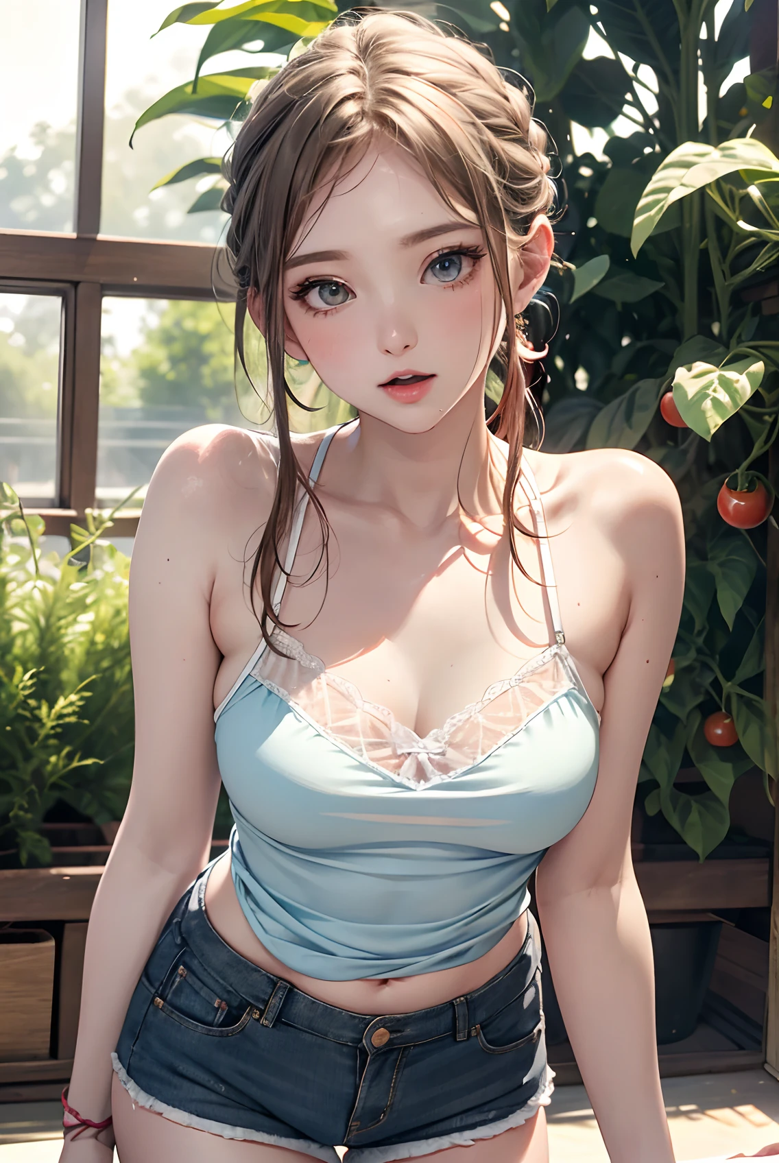 absurderes, ultra-detailliert,bright colour,(8K:1.3),masuter piece,extremely beautiful detailed face and eyes, 25 years old, masuter piece、Camisole、shortpants、Anthropomorphism of tomatoes,medium breasts、Red skin、Summer morning、Ghibli,Tomato plantation