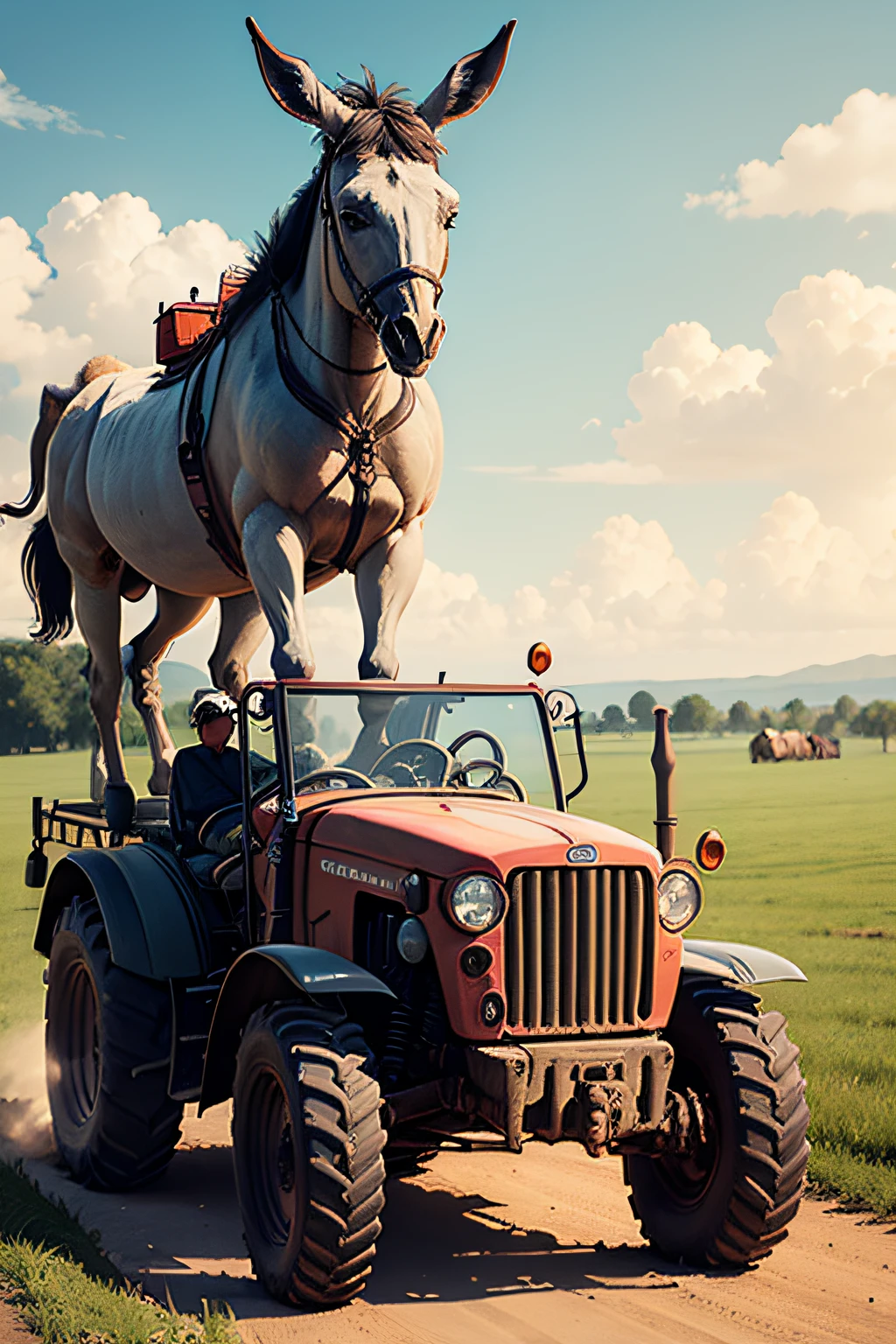 tractor with a donkey on top