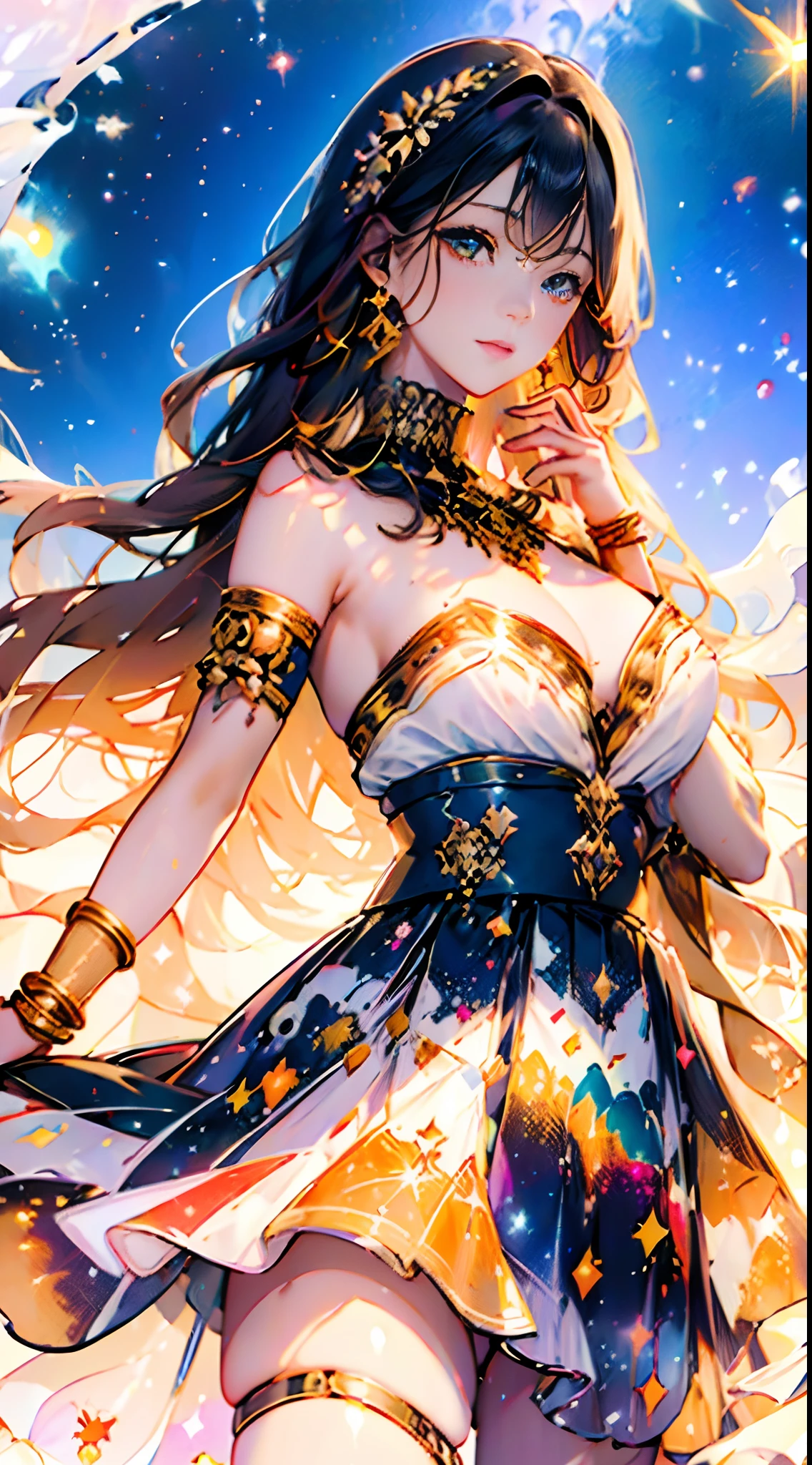 Extremely delicate and beautiful,(fantasy),Ultra detailed,(Extreme detailed illustration),(Extremely detailed Cg Unity 8K wallpaper),A high resolution,Perfect lighting, //, Cowboy shot,Solo,1girll,(Play the piano:1.3),(piano:1.2),Rainbow gradient,Hitch,glitch effects,jewelry,Crescent,Heterochromia,hair adornments,bangs,Bracelet,Earrings,necklace,armlets,crescent hair ornament,face markings,multicolour chest pleated skirt,White with yellow skin,Yellow with a white belt, A girl with bright eyes,(Brilliant Colorful paintings:1.2),portrait of beautiful girl,(Navia, 1girll, Blonde hair, Very long hair, bangs, Pink lips),Sky-blue hair in the moonlight is layered on top of each other,The color of the deep sea waters of the eyes,A soft iridescent glow shone on her skin,Bioluminescent creatures dance in the air around her,A realm of ethereal beauty and charm,The soft melody of moonlight shuttles through the scene,Framed with fantastic full-body shots.,The Serraf effect,Shining effects,RTX,full bloom,Starry sky,Wide shot, scenery,bulking,extremelydetailedwallpaper,Glowing,Light rays,Caustics,Wide shot,Tindall effect,a fairy world,Dream,landscape,magical,8K,the wallpaper,fantasy, Original Character,Heart,full bodyesbian,Exquisite background,colorful theme,(lighting particle),Original,