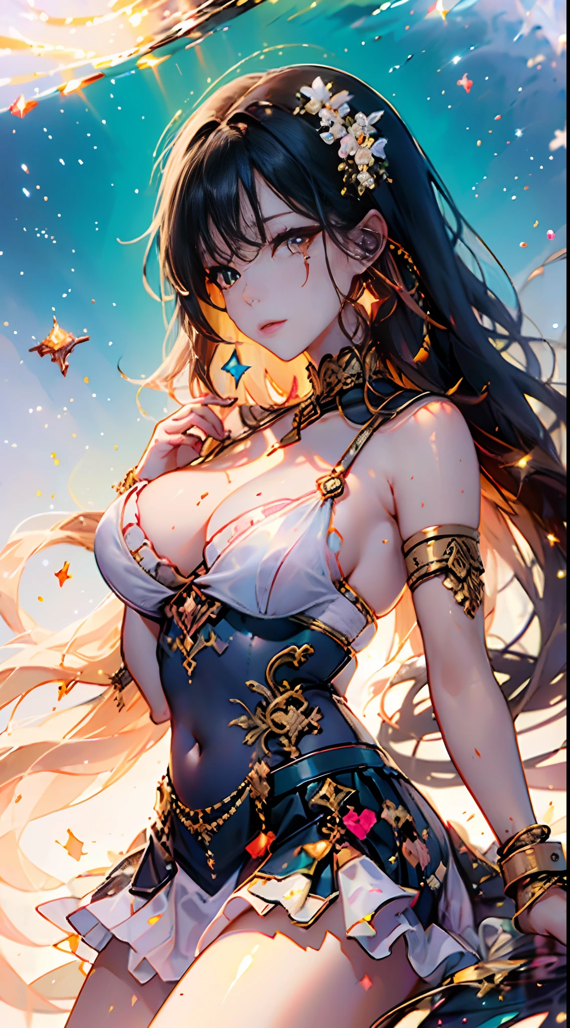 Extremely delicate and beautiful,(fantasy),Ultra detailed,(Extreme detailed illustration),(Extremely detailed Cg Unity 8K wallpaper),A high resolution,Perfect lighting, //, Cowboy shot,Solo,1girll,(Play the piano:1.3),(piano:1.2),Rainbow gradient,Hitch,glitch effects,jewelry,Crescent,Heterochromia,hair adornments,bangs,Bracelet,Earrings,necklace,armlets,crescent hair ornament,face markings,multicolour chest pleated skirt,White with yellow skin,Yellow with a white belt, A girl with bright eyes,(Brilliant Colorful paintings:1.2),portrait of beautiful girl,(Navia, 1girll, Blonde hair, Very long hair, bangs, Pink lips),Sky-blue hair in the moonlight is layered on top of each other,The color of the deep sea waters of the eyes,A soft iridescent glow shone on her skin,Bioluminescent creatures dance in the air around her,A realm of ethereal beauty and charm,The soft melody of moonlight shuttles through the scene,Framed with fantastic full-body shots.,The Serraf effect,Shining effects,RTX,full bloom,Starry sky,Wide shot, scenery,bulking,extremelydetailedwallpaper,Glowing,Light rays,Caustics,Wide shot,Tindall effect,a fairy world,Dream,landscape,magical,8K,the wallpaper,fantasy, Original Character,Heart,full bodyesbian,Exquisite background,colorful theme,(lighting particle),Original,