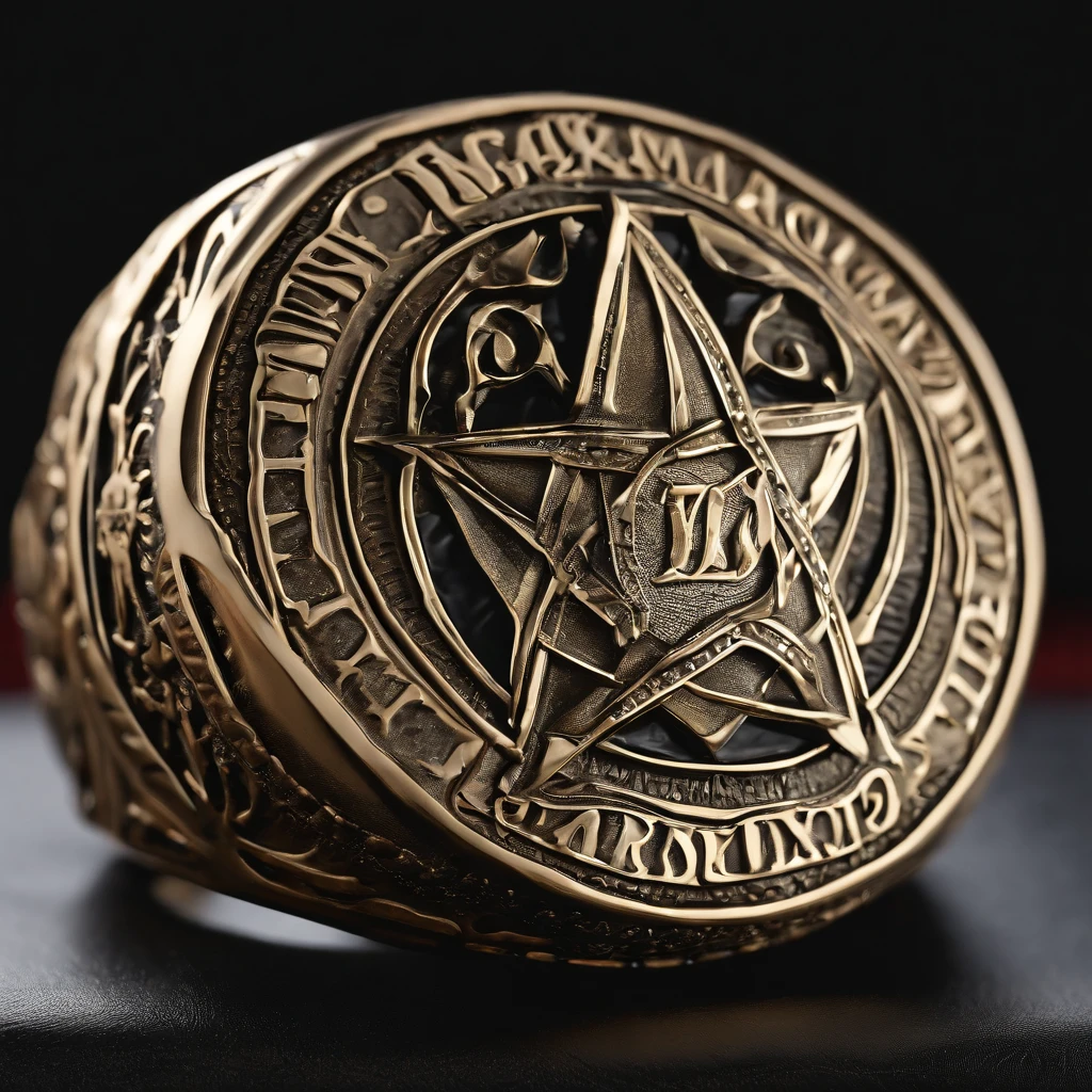 NBA championship ring,Bronze ring,Pentagram pattern,Gemstone embellishment,simple backgound, with black background,Simple details