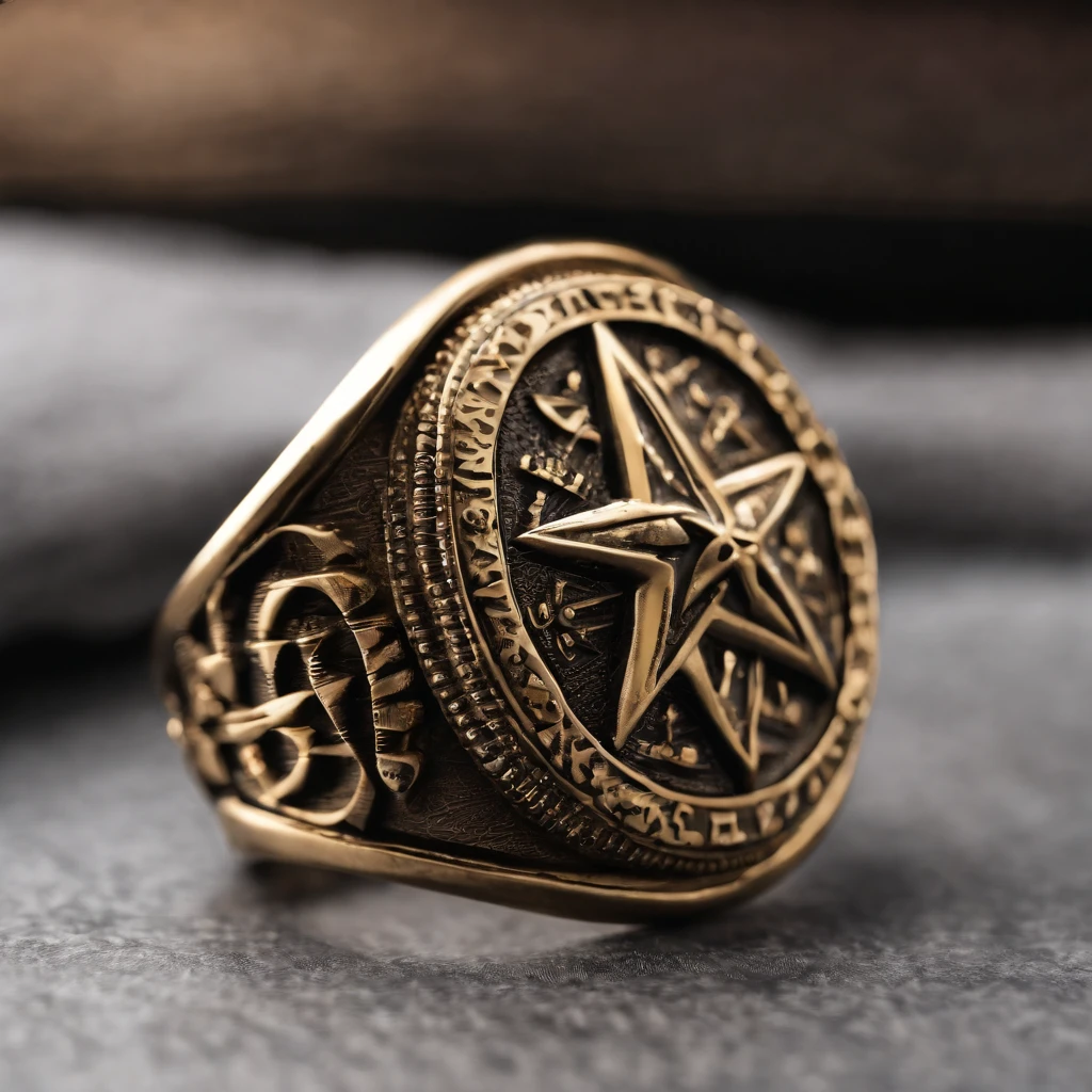 NBA championship ring,Bronze ring,Pentagram pattern,Gemstone embellishment,simple backgound, with black background,Simple details