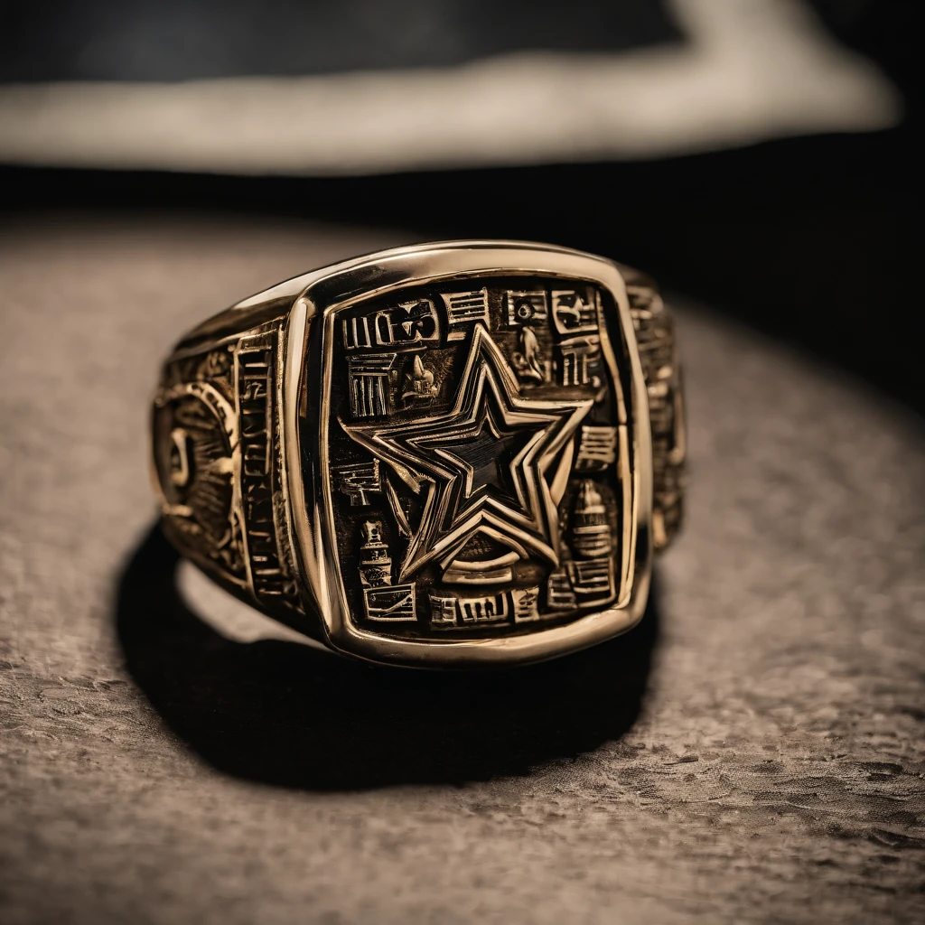 NBA championship ring,Bronze ring,Pentagram pattern,Gemstone embellishment,simple backgound, with black background,Simple details