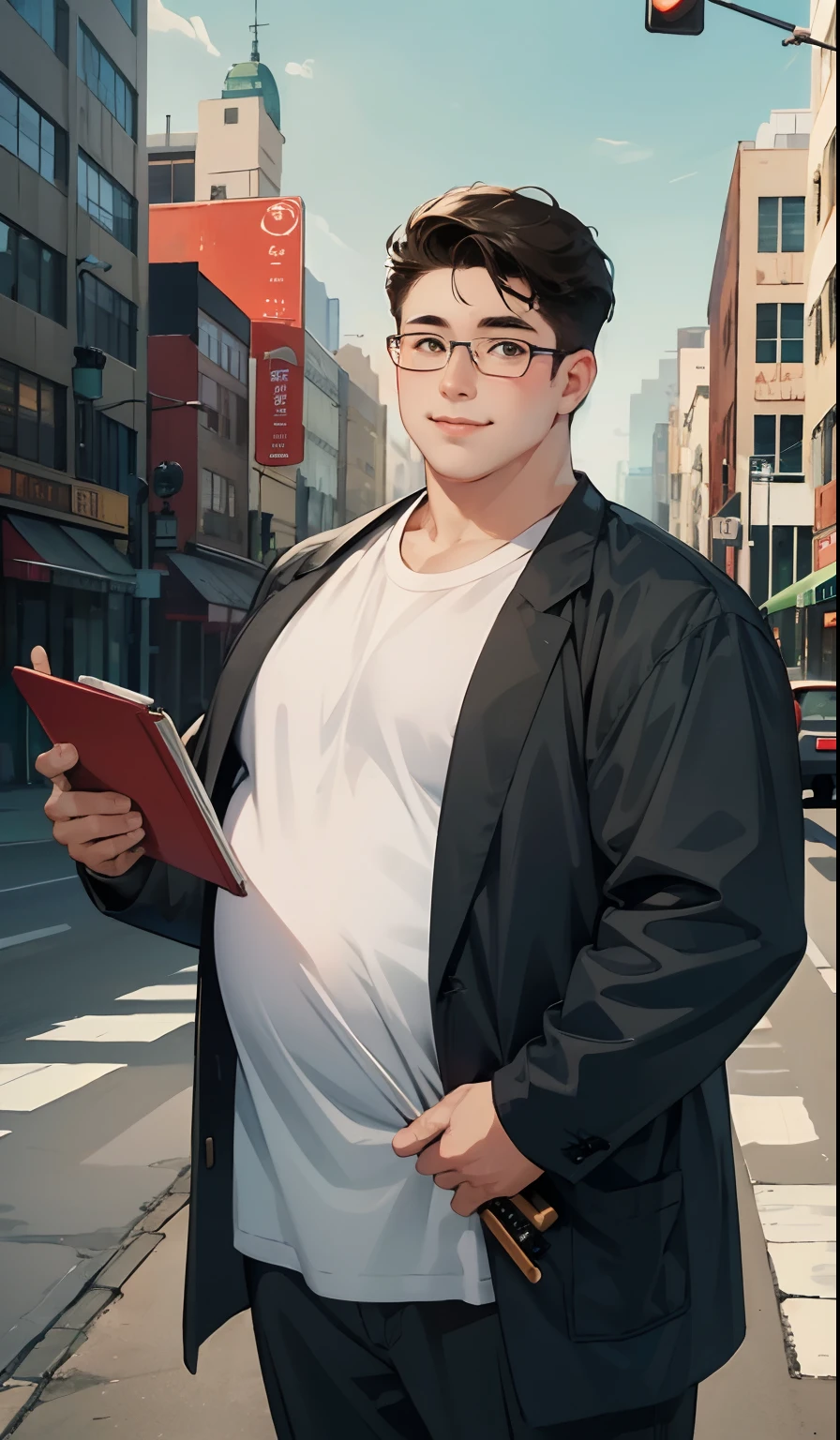 (Absurd, High, Extremely detailed),((Masterpiece)), ((Best quality:1.1)), high resolution, 8K,1 Chubby, Fat boy, 18yr old, (Dumpling cheeks: 1.1), shaded face, (Wearing glasses: 1.1), men's hugedick shorts, Wide white T-shirt, (Black hair, Short hair on a smooth back :0.8),
 Brown eyes, Smiling eyes, looking at viewert, Fat face, Holding a book in his hand,Loved playing harmonica
On the road, Anime style, City, hdr, HD, Clear details
