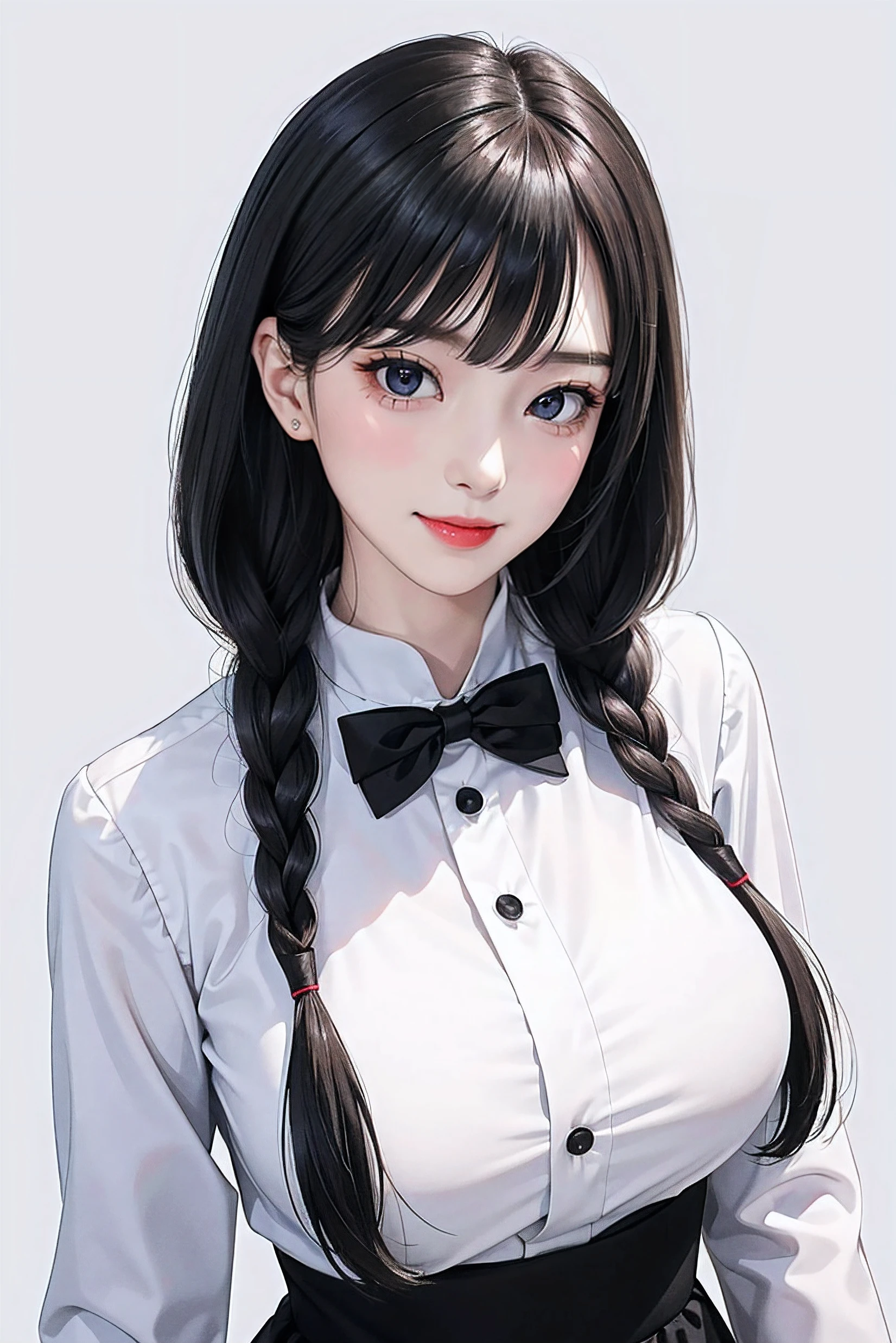 Simple white background, bow ribbon_Choker,鎖骨, long_sleeves, Open_Clothes, Open_Jacket, Red_Jacket, white_Shirt, Bangs, Black_Eyes, Black_hair, blunt_Bangs,long_hair,Single braid, 1 girl, 20yr old,infp young woman,Beautiful Finger,Beautiful long legs,Beautiful body, Beautiful nose,Beautiful character design, Perfect eyes, Perfect face,Expressive eyes,Perfect balance, Looking at Viewer,(Focus on her face),Closed mouth, (Innocent_Big_Eyes:1.0),(light_Smile:1.0), Official art,the Extremely Detailed CG Unity 8K Wallpapers, Perfect Lighting,Colorful, Bright_front_Face_Lighting,White skin, (masutepiece:1.0),(best_quality:1.0), 超A high resolution,4K,Ultra-detailed, Photography, 8K, nffsw, hight resolution, absurderes:1.2, Kodak Portra 400, Film grain, Blurry background, Bokeh:1.2, Lens Flare, (Vibrant_Color:1.2),professional photograpy, (Beautiful,Large_breasts:1.4), (Beautiful_Face:1.5),(narrow_waist),