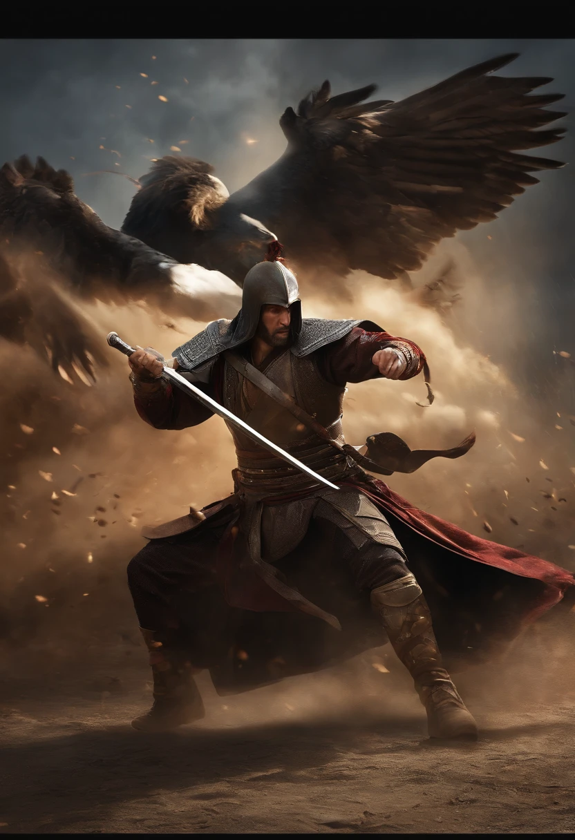 (best quality,highres,masterpiece:1.2),dramatic fight scene,expressive sword fighting,action-packed duel,martial arts mastery,vivid colors,sharp focus,physically-based rendering,swordfight showdown,menacing atmosphere,realistic violence,heroic protagonist,powerful battle,carefully choreographed moves,elaborate fight sequence,authentic clash of steel,extreme detail description,intense action,splashes of blood,stunning visual effects,[epic],dynamic lighting,adrenaline-fueled combat,high-octane confrontation,intense rivalry,determined fighters,gritty battlefield,conquer the opponent,skilled swordsmanship,unrelenting struggle,strategic attacks,heroic valor,ferocious strikes,masterful parrying,swift movements,ending blow