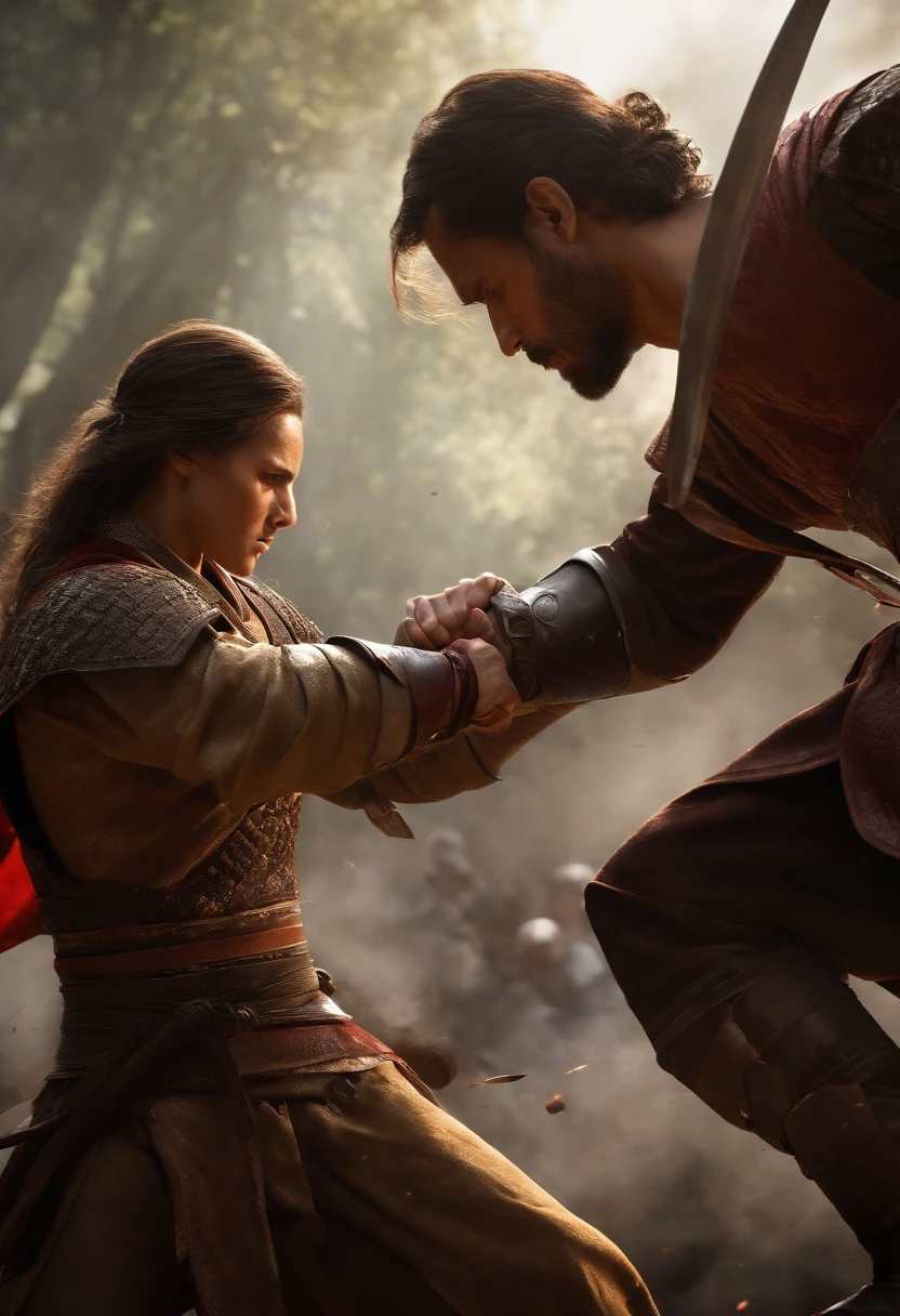 (best quality,highres,masterpiece:1.2),dramatic fight scene,expressive sword fighting,action-packed duel,martial arts mastery,vivid colors,sharp focus,physically-based rendering,swordfight showdown,menacing atmosphere,realistic violence,heroic protagonist,powerful battle,carefully choreographed moves,elaborate fight sequence,authentic clash of steel,extreme detail description,intense action,splashes of blood,stunning visual effects,[epic],dynamic lighting,adrenaline-fueled combat,high-octane confrontation,intense rivalry,determined fighters,gritty battlefield,conquer the opponent,skilled swordsmanship,unrelenting struggle,strategic attacks,heroic valor,ferocious strikes,masterful parrying,swift movements,ending blow