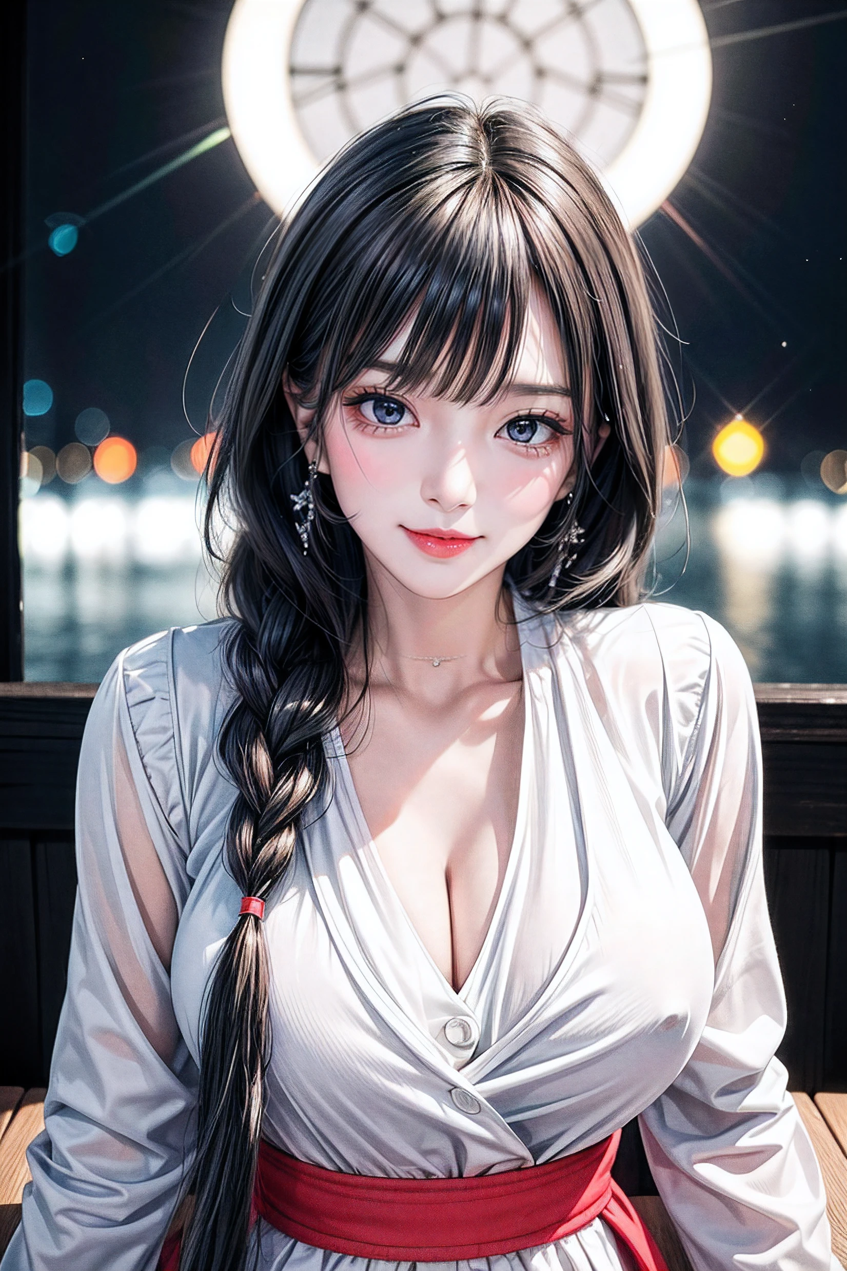 Simple White Background, ribbon_choker,collarbone, long_sleeves, open_clothes, open_jacket, red_jacket, white_shirt, bangs, black_eyes, black_hair, blunt_bangs,long_hair,single braid, 1 girl, 20yo,Young female,Beautiful Finger,Beautiful long legs,Beautiful body, Beautiful Nose,Beautiful character design, perfect eyes, perfect face,expressive eyes,perfect balance, looking at viewer,(Focus on her face),closed mouth, (innocent_big_eyes:1.0),(Light_Smile:1.0), official art,extremely detailed CG unity 8k wallpaper, perfect lighting,Colorful, Bright_Front_face_Lighting,White skin, (masterpiece:1.0),(best_quality:1.0), ultra high res,4K,ultra-detailed, photography, 8K, HDR, highres, absurdres:1.2, Kodak portra 400, film grain, blurry background, bokeh:1.2, lens flare, (vibrant_color:1.2),professional photograph, (Beautiful,large_Breasts:1.4), (beautiful_face:1.5),(narrow_waist),