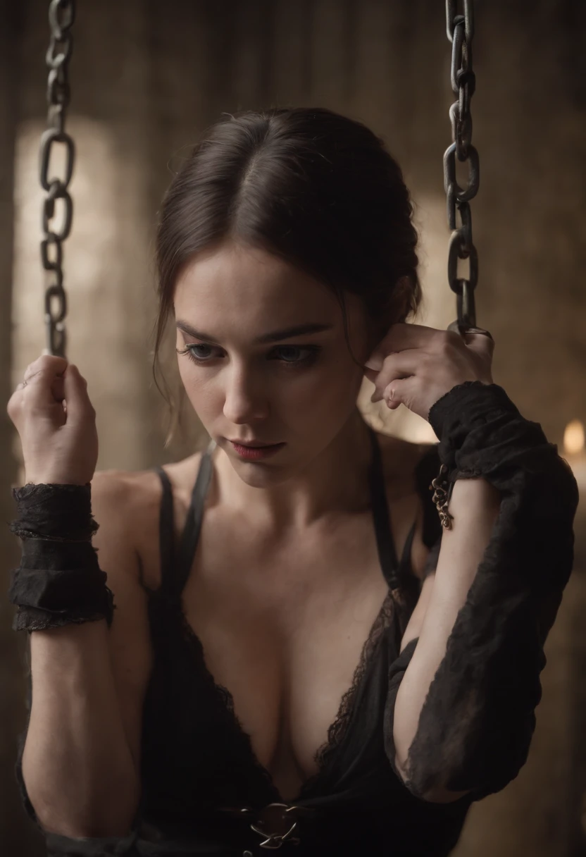 the above character is alright, focus on bondage, little bit nudity, injury, hands tied, chain bondage, dark dungeon