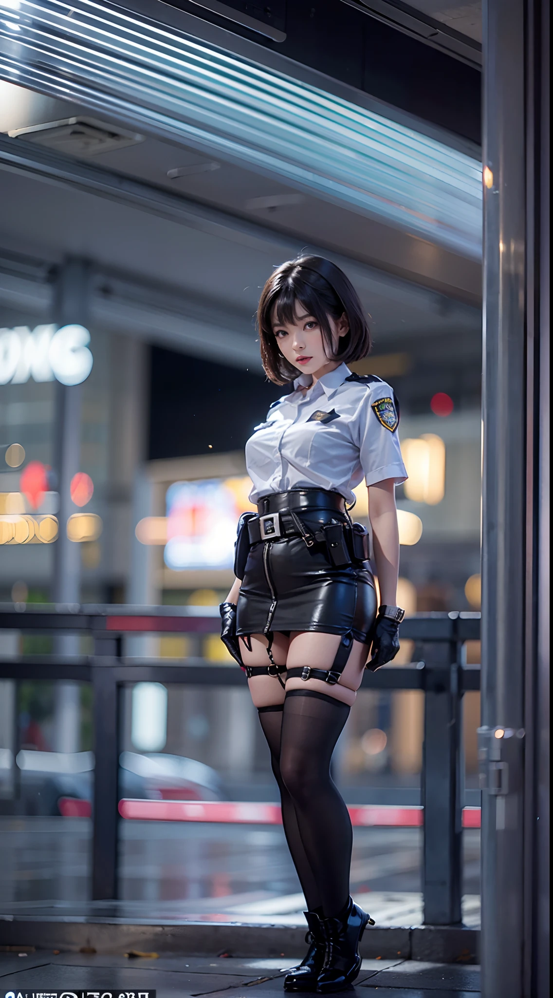 police officers, a miniskirt, Stand in front of a police car, Modern cityscape, (NSFW), 1womanl, 独奏, 24 year old, 7headed body, (Ideal ratio body proportions), (Composition from head to thigh), erectile nipple, Sexy body, Wet, short-hair, A dark-haired, small tits, A slender, Small buttocks, beauty legs, Skinny Legs, surrealism, Cinematic lighting, depth of fields, One-person viewpoint, F/1.8, 135 mm, nffsw, masutepiece, ccurate, ((Anatomically correct)), Textured skin, Super Detail, high details, High quality, awardwinning, Best Quality, hight resolution, 8K
