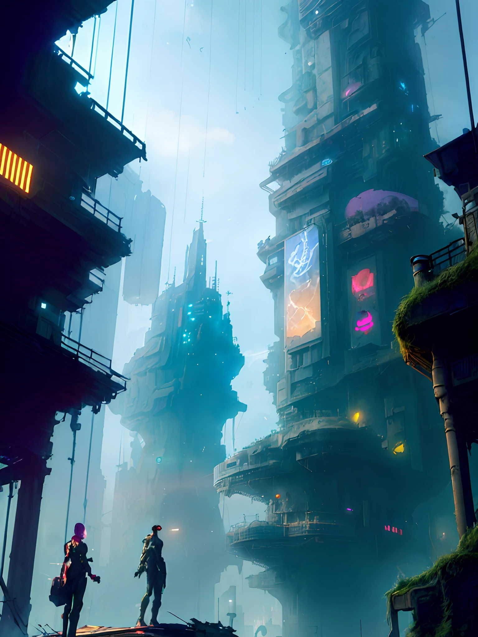 Watercolor,there are two people standing on a platform in a futuristic city, paul lehr and beeple, in fantasy sci - fi city, arstation and beeple highly, in a futuristic cyberpunk city, inspired by Paul Lehr, cyberpunk dreamscape, ancient sci - fi city, futuristic cyberpunk city, digital concept art of dystopian, busy cyberpunk metropolis