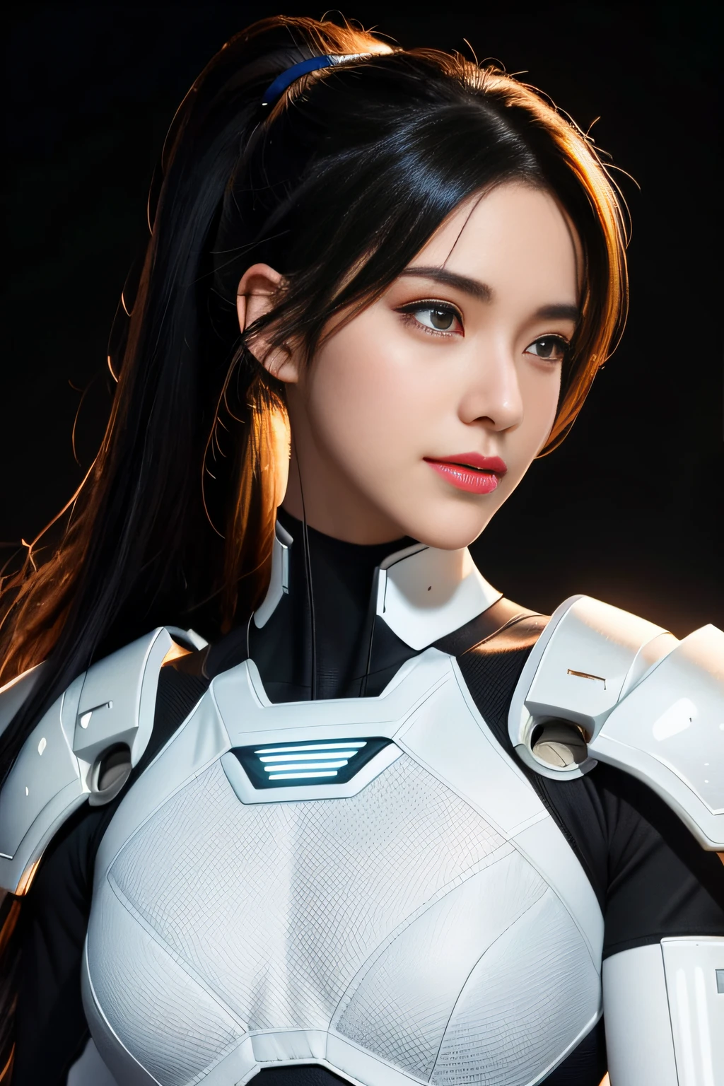 (Upper body), (Realistic, [Anime]), (。.。.。.3D:0.3), Dramatic Lighting, ((masutepiece)),(quality),(hight resolution), Tall Lady Boyd Star, [[Covered abs]], ((X-Ray Power Armor|Lined bodysuit|White Power Armor) mechanical arms), long black hair with undercut,, [Evil smile], Small breasts, Covered navel, eye line, Eyelashes, Perfect face, Beautiful nose, Detailed pupil, Beautiful eyes, Detailed eyes, Brown eyes, Perfect lips, Pose on the monitor, Simple background, [boku no hero academia], (bouge:1) , Curly black hair、poneyTail