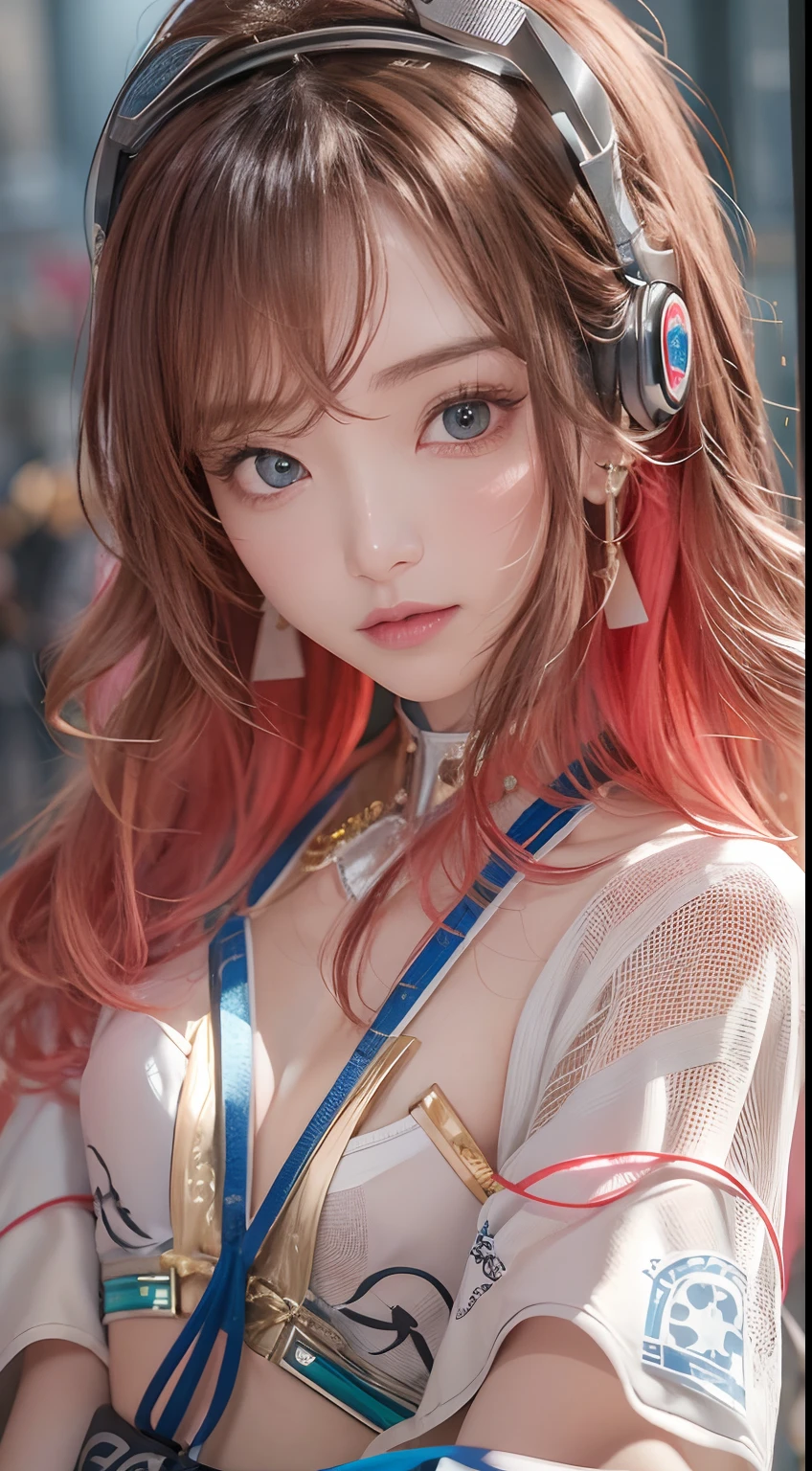 tmasterpiece, 1 beautiful girl, A detailed eye, Swollen eyes, top-quality, 超A high resolution, (reality: 1.4), 电影灯光, jpn, a asian beauty, very very beautiful, Beautiful skins, slenderness, Forward-facing body, (ultra-realistic realism), (A high resolution), (8K), (The is very detailed), ( Best Illustration), (Beautifully detailed eyes), (ultra - detailed), 详细的脸, Bright lighting, Professional lighting、In the background is a cyberpunk room with a large number of monitors.、The rope is connected from the garment、The hair color is red、headset on head、Small tattoos on the face、Female game commentator