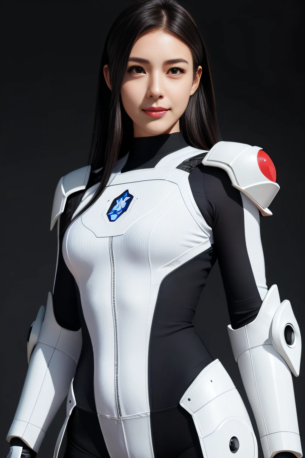 (Upper body), (Realistic, [Anime]), (。.。.3D:0.3), Dramatic Lighting, ((masutepiece)),(quality),(hight resolution), Tall Lady Boyd Star, [[Covered abs]], ((X-Ray Power Armor|Lined bodysuit|White Power Armor) mechanical arms), long black hair with undercuts, [Evil smile], Small breasts, Covered navel, eye line, Eyelashes, Perfect face, Beautiful nose, Detailed pupil, Beautiful eyes, Detailed eyes, Brown eyes, Perfect lips, Pose on the monitor, Simple background, [boku no hero academia], (bouge:1) ,