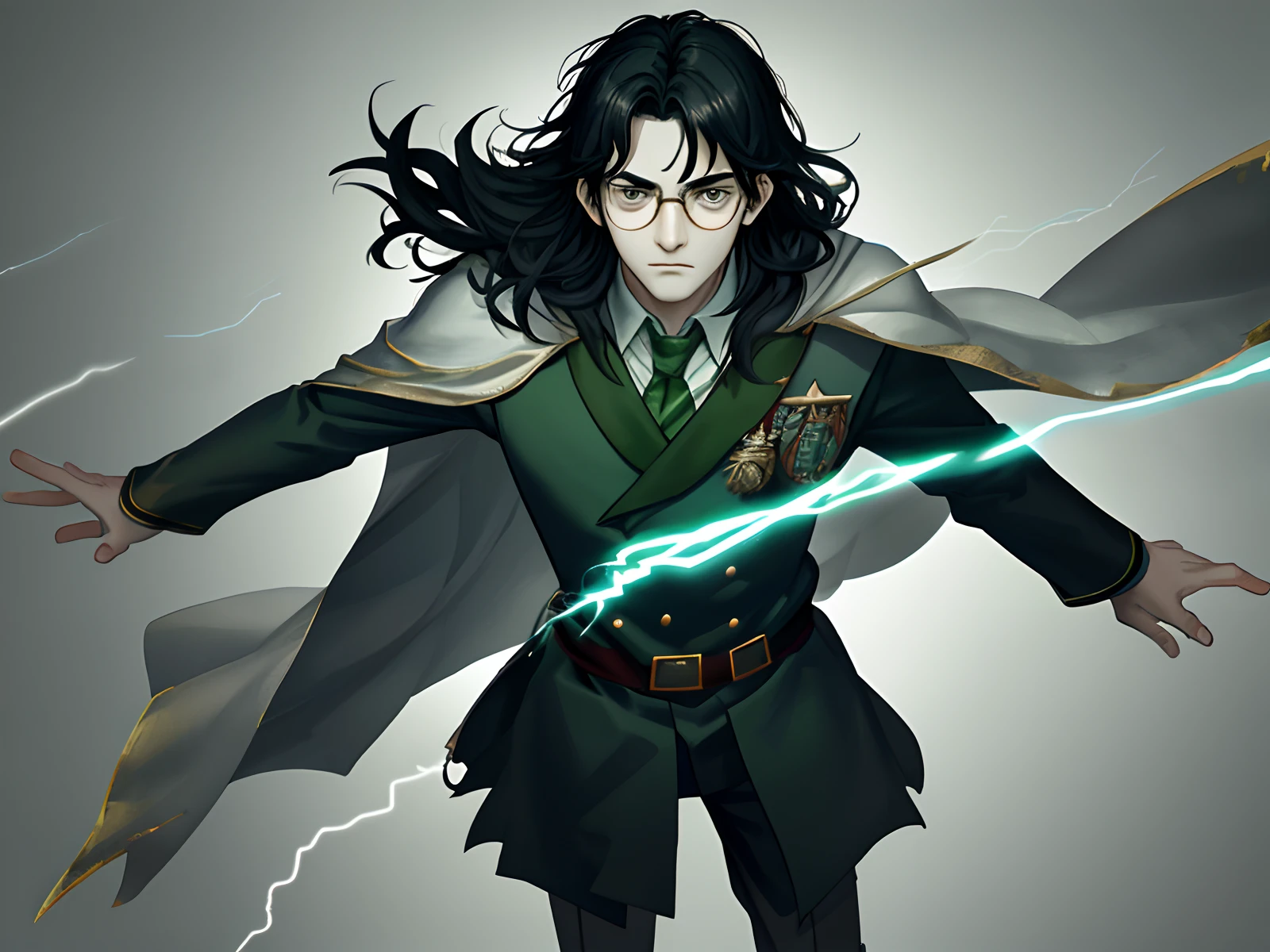 Harry had a thin face, knobbly knees, black hair and bright-green eyes. He wore round glasses held together with a lot of Sellotape because of all the times Dudley had punched him on the nose. The only thing Harry liked about his own appearance was a very thin scar on his forehead which was shaped like a bolt of lightning and 5′11 in Gryffindor Hogwarts uniform and robes