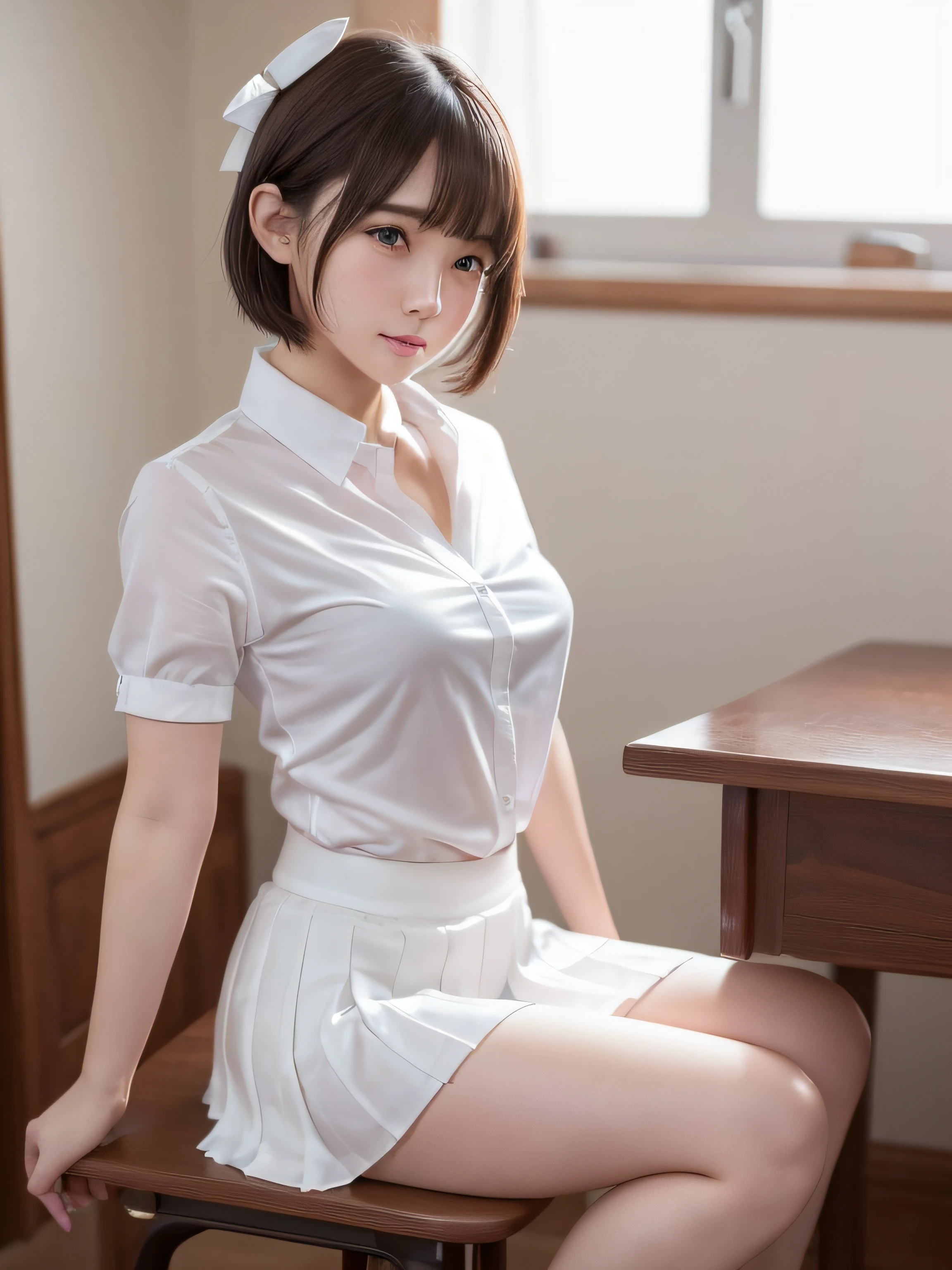 a closeup, masterpiece, top-quality, FULL ANATOMY、Raw foto, Photorealsitic, faces, unbelievable Ridiculous, 1 beutiful girl, cute little, Short bob hair、depth of fields, hight resolution, ultra-detailliert, finely detail, ighly detailed, extremely detailed eye and face, Realistic pupils, foco nítido, Cinematic lighting、Beautiful breasts that seem to swell、(Petite bust:1.2)、 (Slimed、 An 18-year-old woman、Sexual facial expressions、sexy pose、 Wet body、Blushing、Sweating、Very embarrassed look、The face is bright red、Schoolgirl Uniform、Panties are visible from the skirt、Very detailed 8k wallpaper、Sheer white shirt、Unbuttoned and disheveled clothes、Red ribbon at collar...、Dark blue pleated micro mini、Show me your whole body、Plump panties、White Sox、((Lift the hem of the skirt、Lift the hem of the skirt with both hands、Lift the hem of the skirt yourself,、Show the camera a little bit of white silk panties))、pure、Sitting on a desk.Rose flowers in a vase、Classroom、depth of fields、Bokeh in the background、Hairstyle with bangs、Shooting from the floor