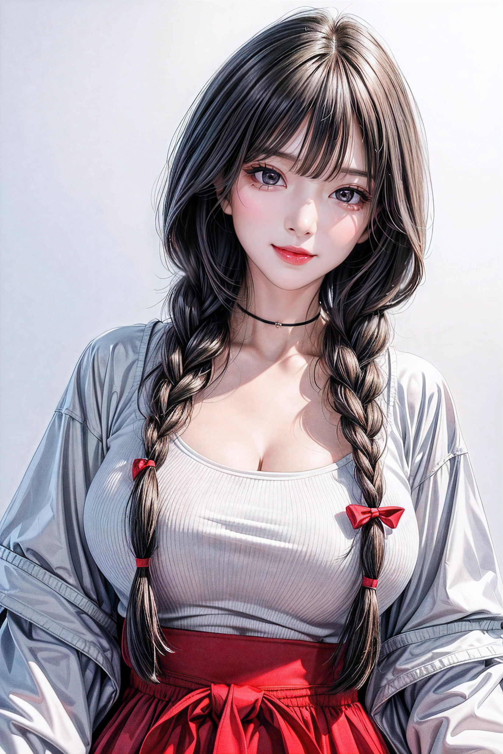 Simple White Background, ribbon_choker,collarbone, long_sleeves, open_clothes, open_jacket, red_jacket, white_shirt, bangs, black_eyes, black_hair, blunt_bangs,long_hair,single braid, 1 girl, 20yo,Young female,Beautiful Finger,Beautiful long legs,Beautiful body, Beautiful Nose,Beautiful character design, perfect eyes, perfect face,expressive eyes,perfect balance, looking at viewer,(Focus on her face),closed mouth, (innocent_big_eyes:1.0),(Light_Smile:1.0), official art,extremely detailed CG unity 8k wallpaper, perfect lighting,Colorful, Bright_Front_face_Lighting,White skin, (masterpiece:1.0),(best_quality:1.0), ultra high res,4K,ultra-detailed, photography, 8K, HDR, highres, absurdres:1.2, Kodak portra 400, film grain, blurry background, bokeh:1.2, lens flare, (vibrant_color:1.2),professional photograph, (Beautiful,large_Breasts:1.4), (beautiful_face:1.5),(narrow_waist),