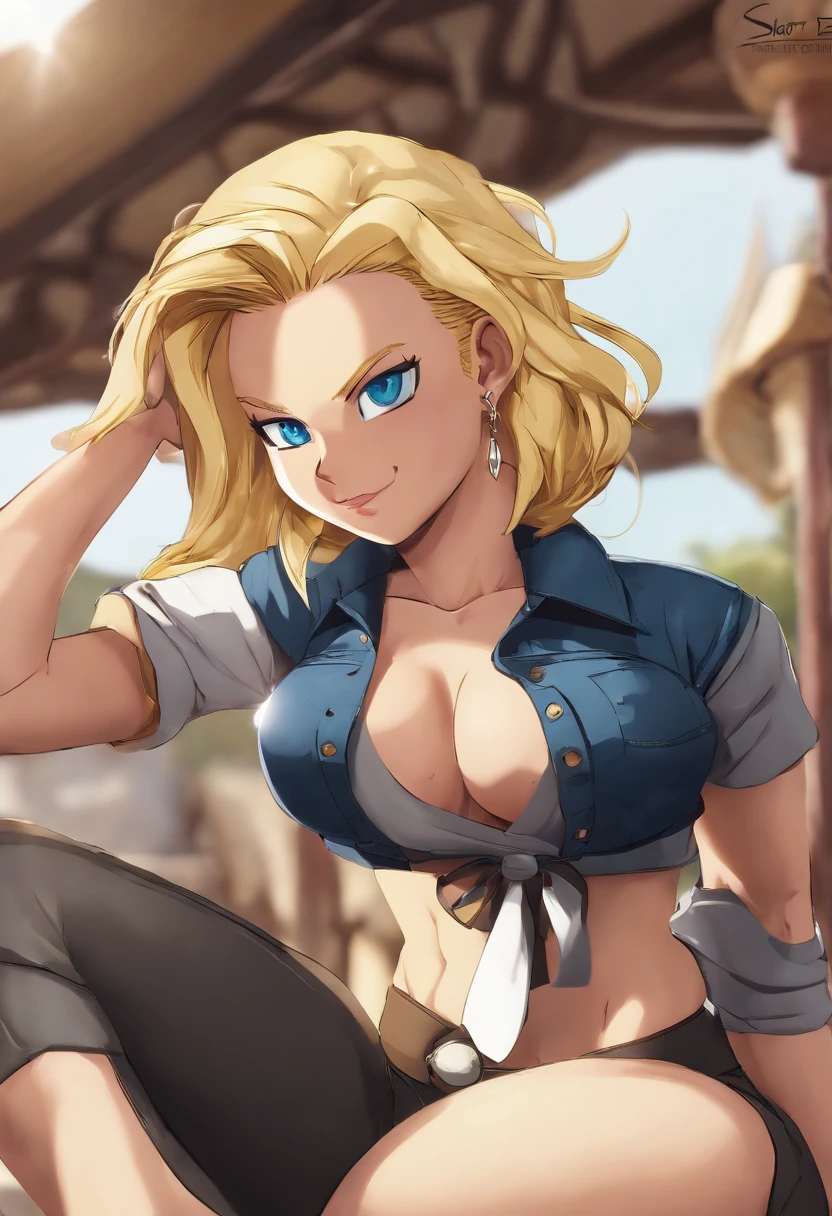 (cowboyshot: 1.2), (android_18, and18(dragonball z), (finely detailed beautiful eyes and detailed face), (Face through thighs: 1.4), (Knee shot: 1.2), Blonde hair, Solo, Lady, (Beautiful background), :), Dynamic Angle, Blue eyes, Bright face, Sunlight, (Bright face: 1.2), Extremely wide hips, Very thick thighs, Full body shot, Solo, Blonde hair,  Blue eyes, Short hair, earrings, Jewelry, Denim Vest, open vest, (Black shirt), Denim skirt, (long striped sleeves), Blue skirt, Brown Eurua