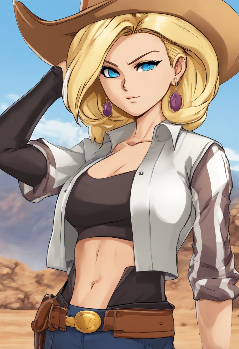 (cowboyshot: 1.2), (android_18, and18(dragonball z), (finely detailed beautiful eyes and detailed face), (Face through thighs: 1.4), (Knee shot: 1.2), Blonde hair, Solo, Lady, (Beautiful background), :), Dynamic Angle, Blue eyes, Bright face, Sunlight, (Bright face: 1.2), Extremely wide hips, Very thick thighs, Full body shot, Solo, Blonde hair,  Blue eyes, Short hair, earrings, Jewelry, Denim Vest, open vest, (Black shirt), Denim skirt, (long striped sleeves), Blue skirt, Brown Eurua