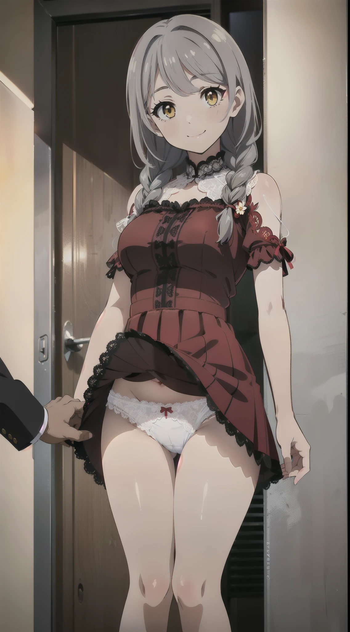 ((1 Beautiful Beautiful Girl)),(((detail portrayal))),(((Gray hairs))),(((Fetishes))),(((Braids1One))),(((a small face))),(((Less bangs))),(((Trimmed bangs))),(((Yellow eyes))),(masterpiece)), (((Hanging eyes))),((top-quality)),((Vivid light and shadow depiction)), (The ultra-detailliert), ((kawaii)), cute little, (Detailed body line depiction), ((detailed face depiction)),((ighly detailed)), (8K), top-quality, (Beautiful fece),(((World-class quality))), ighly detailed, hight resolution,(((Anime filling))),(((large udder))),(((小柄))),(((red lace dress))),(((lift up one's skirt))),(((is standing))),(((de pele branca))),(((Inside the girl's room))),(((kindly smile))),(((White lace panties)))