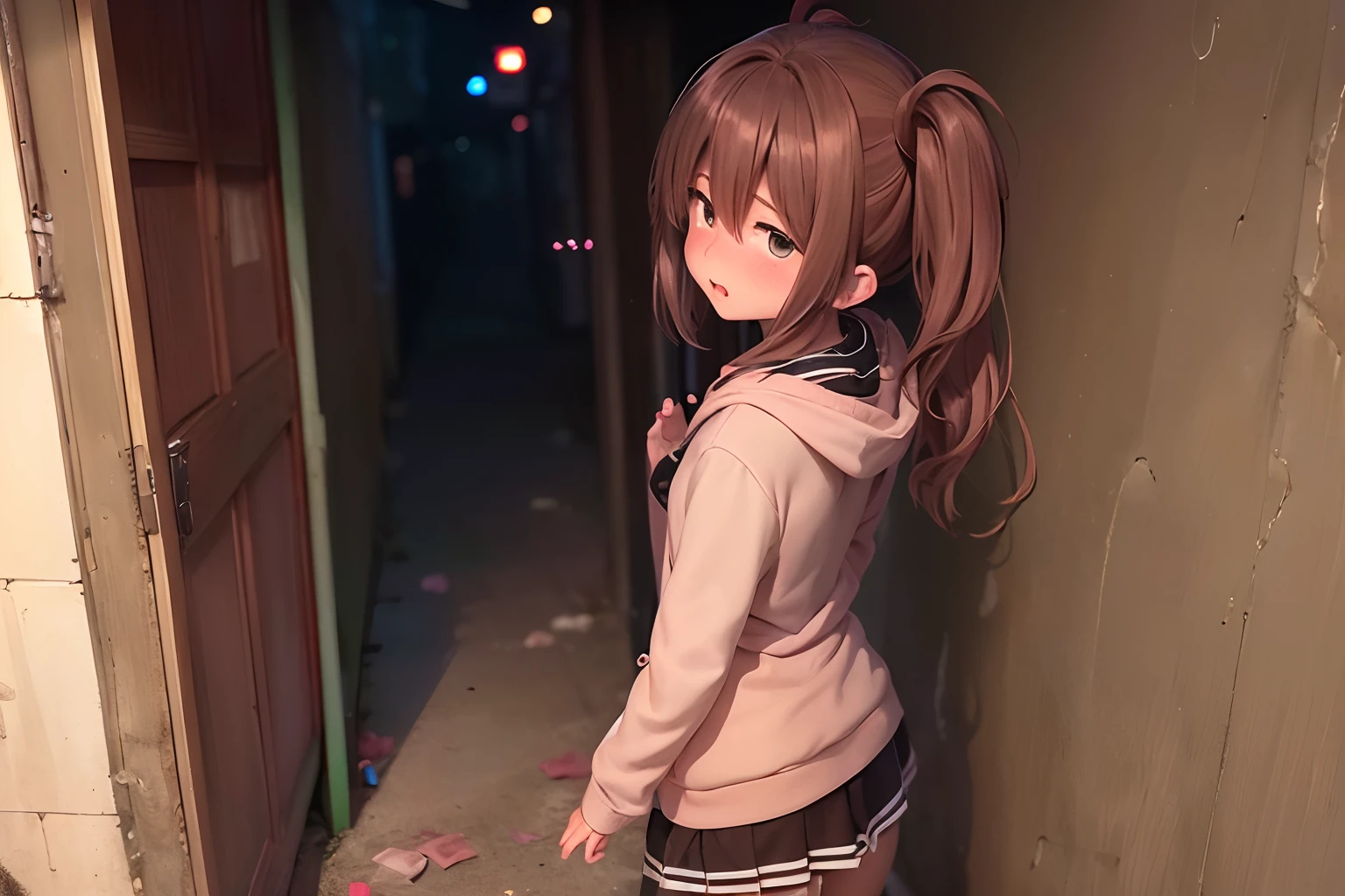 NSFW、hight resolution、(((hetero)))、(((cum in clothes：1.5)))、(trembling：1.5)、((Back alleys of downtown)),((Brown skin))、petite girl in、a blond、short twintails、Cute black hoodie and long white skirt、((Used condoms scattered on the floor))、seminude、Undressing)、((blush:1.5))、(((Impressive lighting)))(Cinematic Angle)、(masturbation：1.9)、Hiding in the shadows、Passers-by are watching、People who go