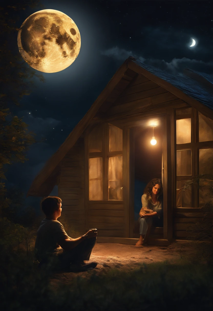 The young man is sitting in his room, raising a flashlight. The light of the flashlight goes to the sky and shines on the moon. The moon appears bright. A girl from her room on the opposite side looks at the bright moon. A romantic scene. An artistic painting.