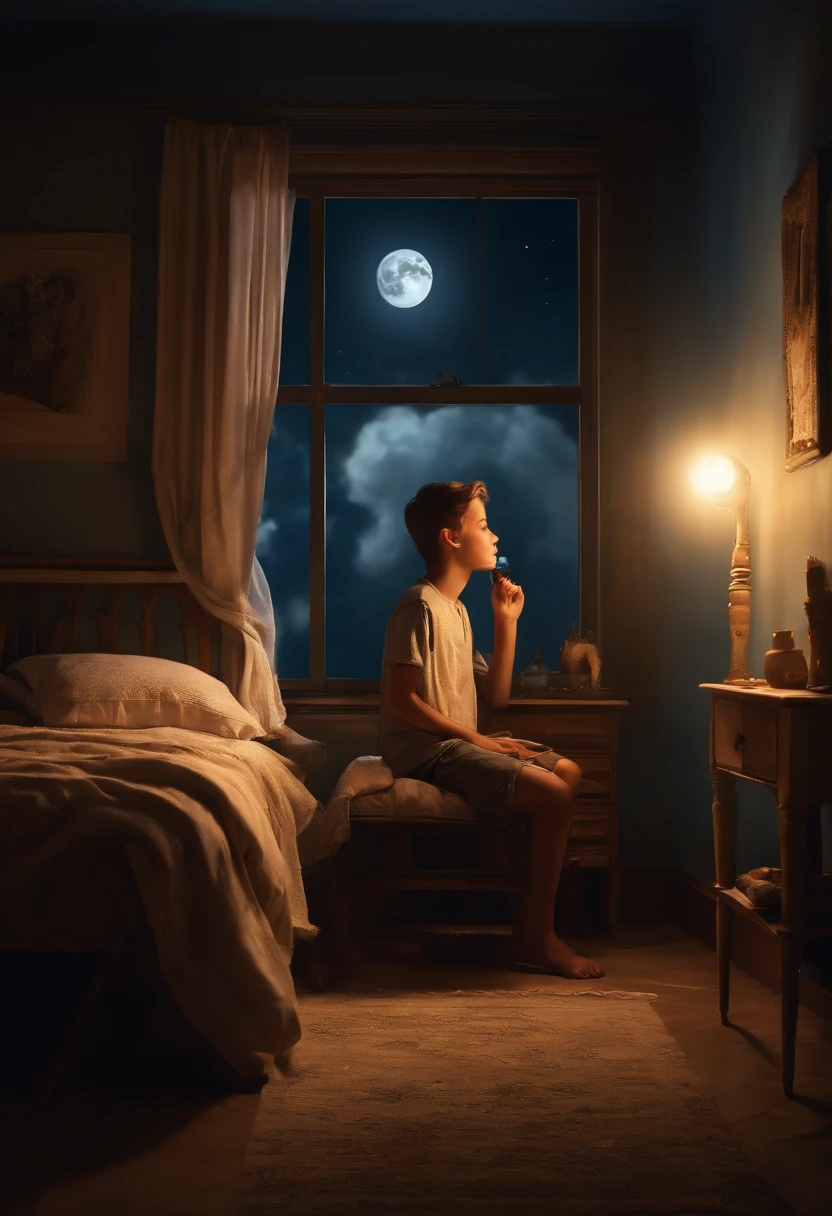 The young man is sitting in his room, raising a flashlight. The light of the flashlight goes to the sky and shines on the moon. The moon appears bright. A girl from her room on the opposite side looks at the bright moon. A romantic scene. An artistic painting.