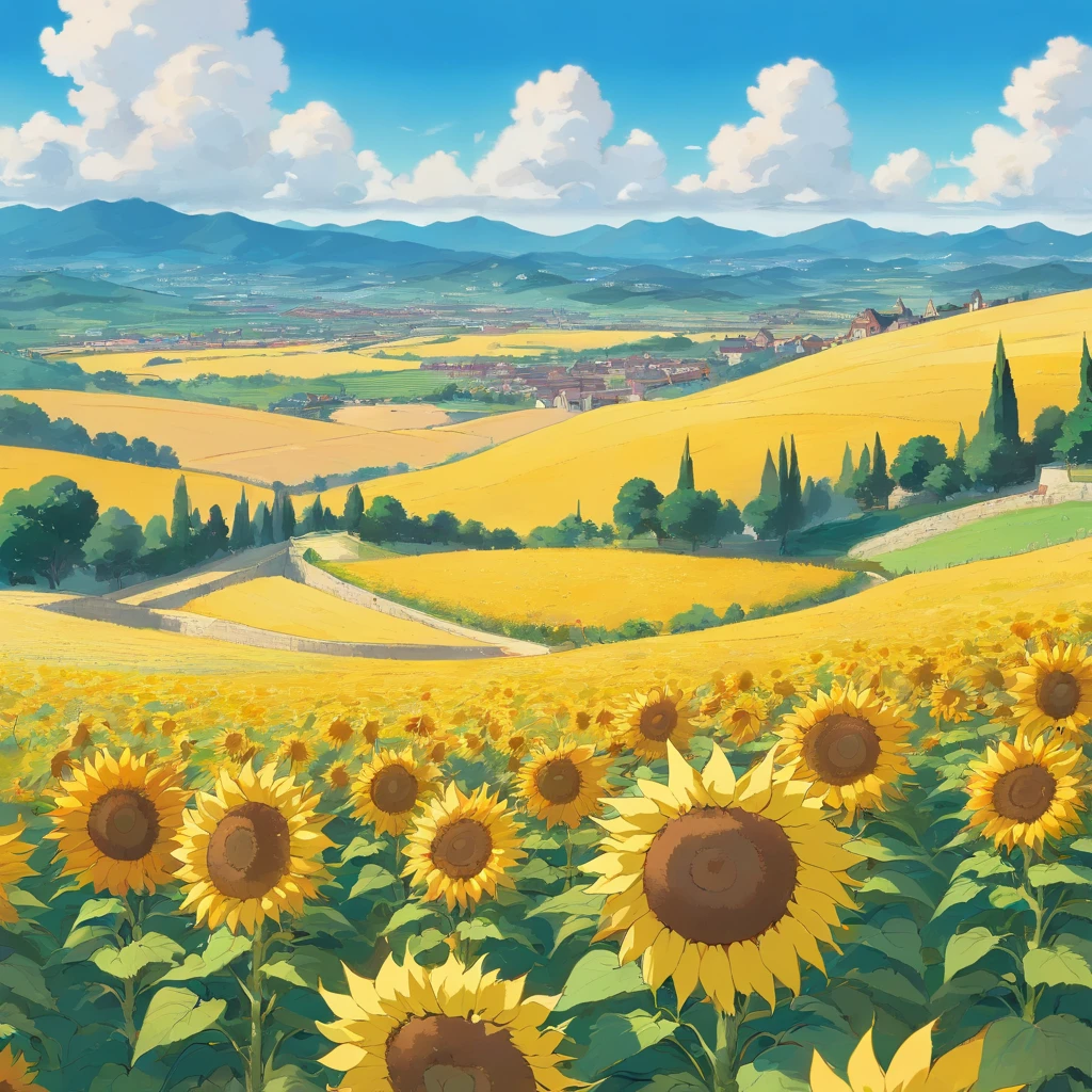 (yellowish,dreamy) suggestion:yellows fields with rolling hills and stunning sunflowers,a majestic backdrop of mountains in the distance, capturing the beautiful landscapes of Burgos.