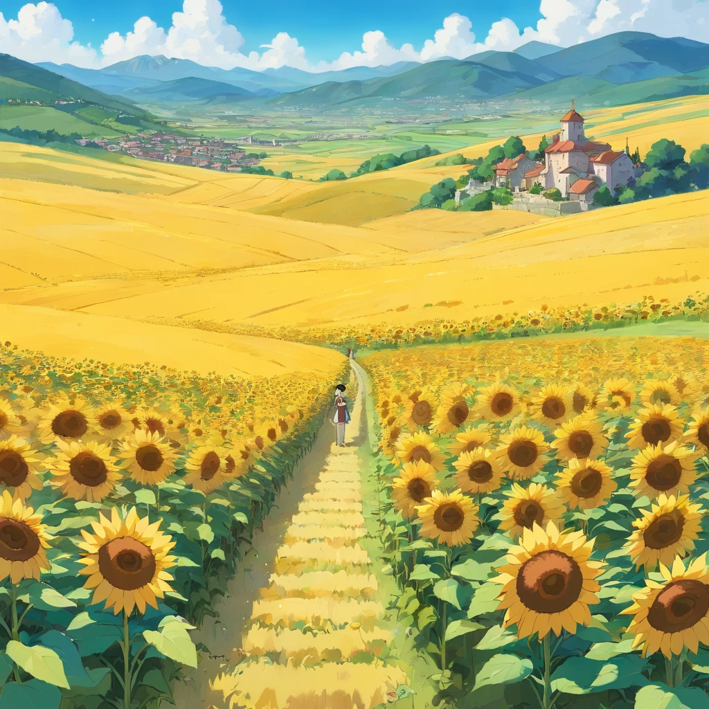 (yellowish,dreamy) suggestion:yellows fields with rolling hills and stunning sunflowers,a majestic backdrop of mountains in the distance, capturing the beautiful landscapes of Burgos.