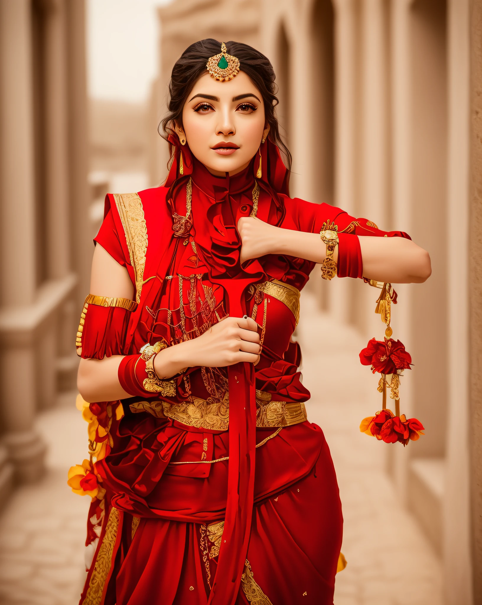 araffe woman in a red and gold outfit posing for a picture, cinematic goddess shot, maya ali sorceress, maya ali as a d&d sorcerer, cinematic goddess close shot, maya ali as d&d sorcerer, maya ali as a wind sorceress, persian princess, maya ali as d&d mage, arabian princess