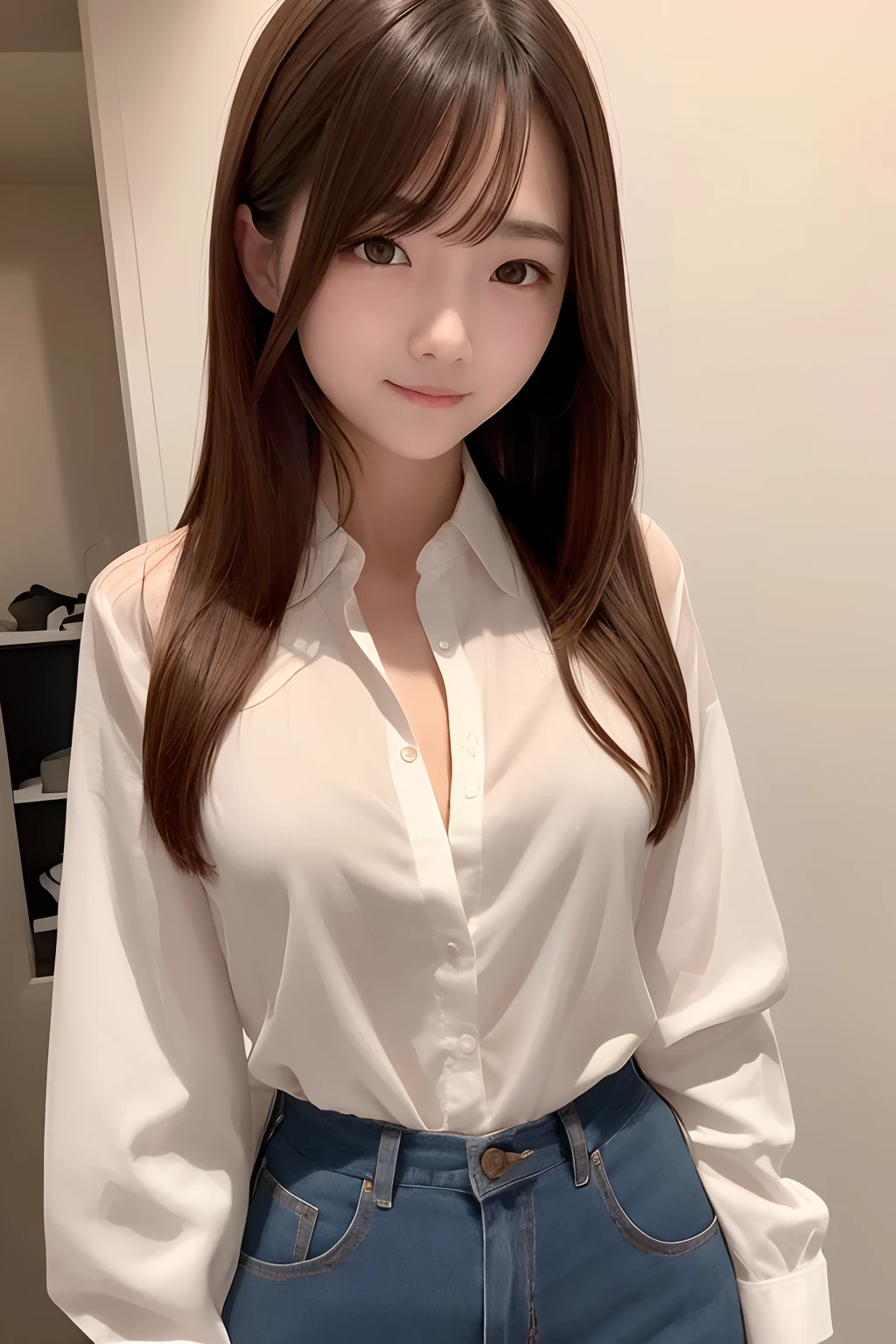 product quality, a upper body shot, front view, 1girl, a Japanese young pretty woman, long bob hair, hyper pretty face, glamorous, wearing a short sleeves and long length satin silk white shirt with collared, with a big smile in her room, glossy lips, double eyelids for both eyes, natural makeup, long eyelashes, shiny smooth light brown hair of bob hair, asymmetrical bangs, tanned skin, central image, high resolution, high detail, detailed hairstyle, detailed face, spectacular movie lighting, octane rendering, hyper realistic, perfect limbs, perfect anatomy