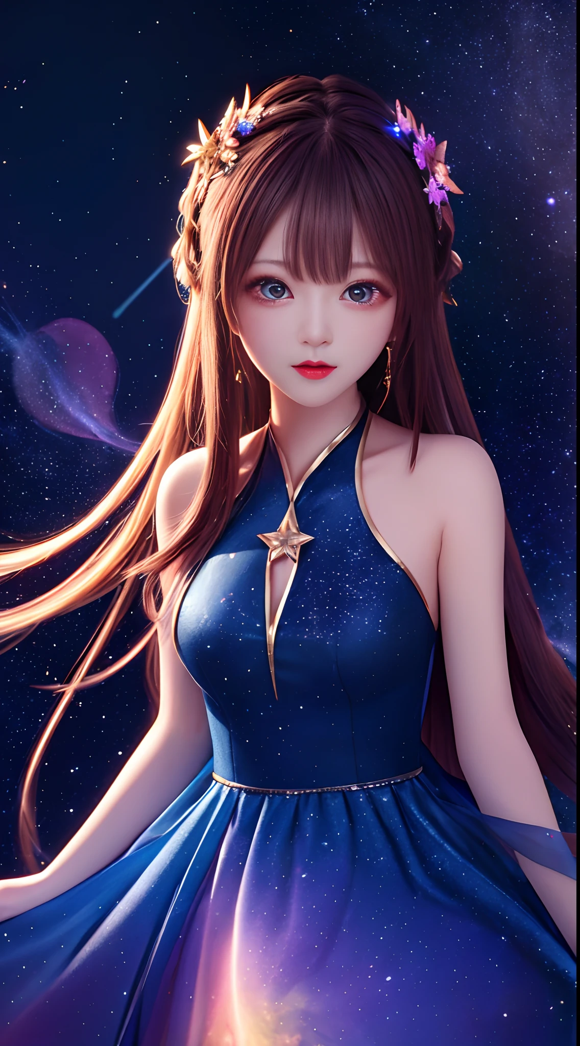 masterpiece, best quality, high quality, absurdres, 1girl, star \(sky\), 1girl, starry sky, dress, solo, long hair, light particles, gradient, gradient background, bare shoulders, night sky