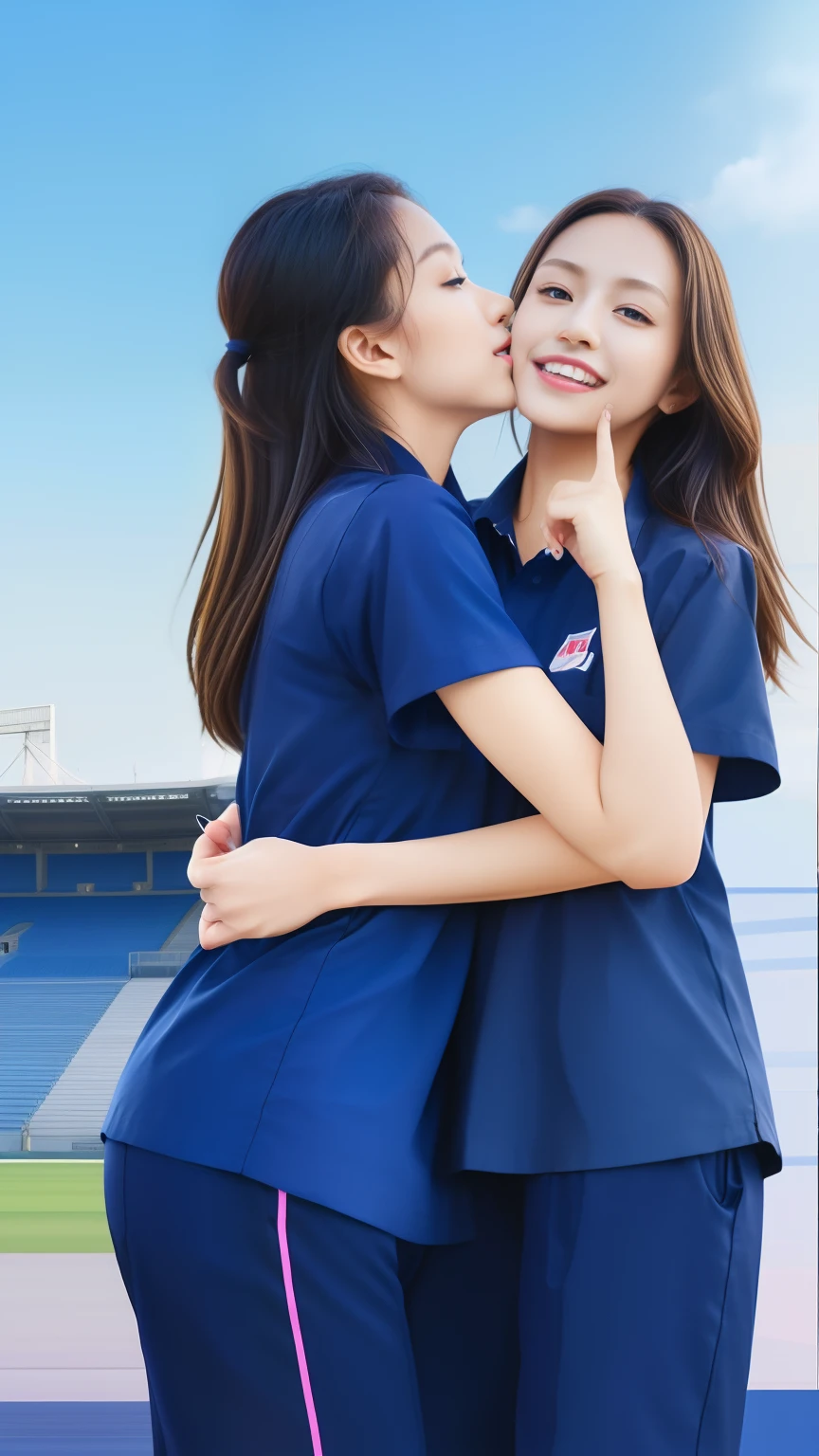 (bestquality,10,10,highres,masterpiece:1.2),ultra-detail,(Realistic,photorealistic portrait,photo-realistic:1.37),1 Cute girl in the football field,oily shiny skin,bara,light smile,BDclothes,((blue shirt:1.3)),short sleeves,Shirt, trousers.,(navy_long_Pants Track:1.1), ((Stadium Background:1.3)),dynamic angle,excited,face focus,Dynamic Poses,from behide,Ass Focus,masterpiece, bestquality, ultra realistic, hyper-detail, 8k resolution, RAW photo, crisp focus, ((Navy blue shirt:1.1)), short sleeves, Long Path, Perfect body, 2 mature women, 18yo, cinematic light,Blue sweatpants,Gymware,Correct anatomy,Complete body, Correct body, sharp face, Anatomically correct body, full entire body, Realistic gestures, long-haired, Realistic poses,Wear long shorts..,Long leg span,Shapely,Sculpting Girl, Two girls kissing, Realistic kissing, Beautiful body, Shapely