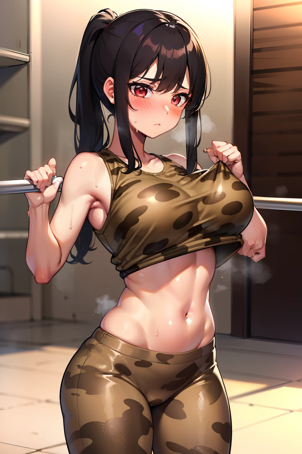 gym, exersice, workout, hot, sweating, sweaty, tan, big boobs, tan skin, lifting, flustered, blush, cheeta camo clothes, see thru,cheeta camo, cheeta pattern, black hair, ponytail, pants, cheeta pants, red eyes, sand camo, sand collor, hot, bigboobs, sexy, older girl, mature girl