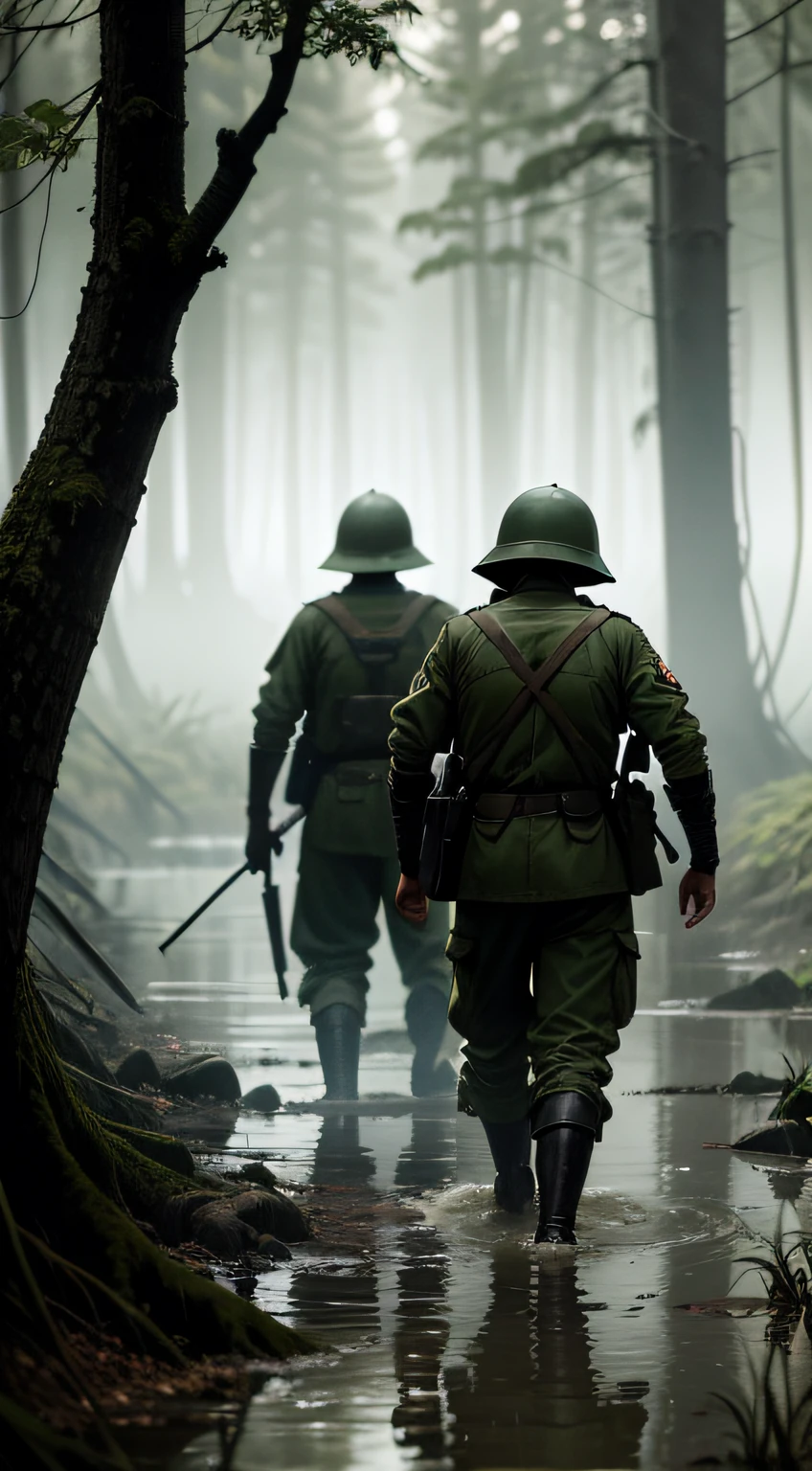Create an image depicting Japanese soldiers facing the choice of a perilous escape through a swamp in 1945.