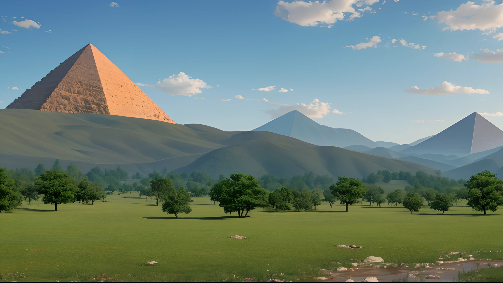 an image of a plateau, with a Pyramid in the center, and forested mountains and creeks around --auto --s2