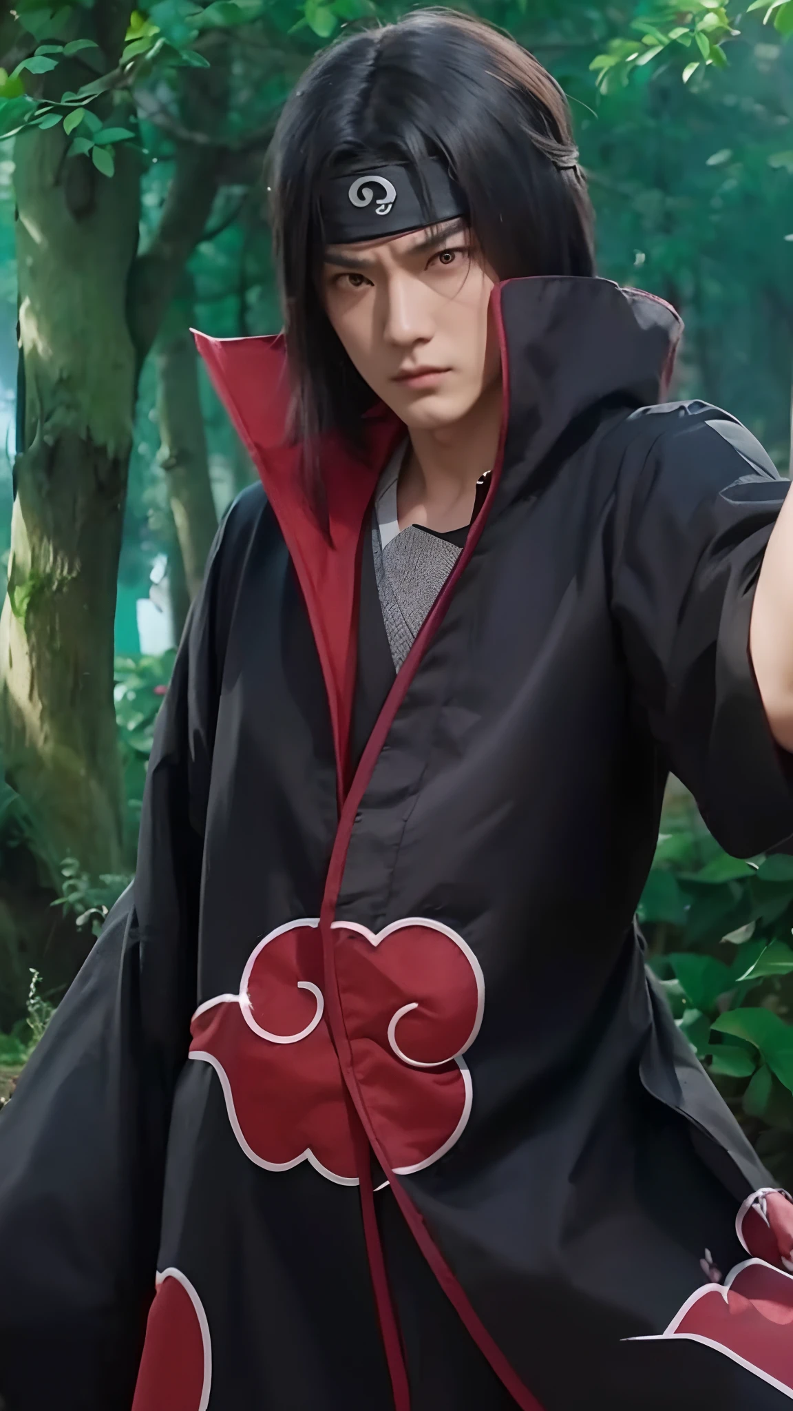 Real life adaption of this character, korean handsome man face, angry expression,((realistic very same hair)), ((realistic same outfit with Akatsuki logo)) , wear realistic headband with iron plate in the middle,hyper realistic, realistic light, realistic shadow, realism,(photorealistic:1.2), looking to viewer ,