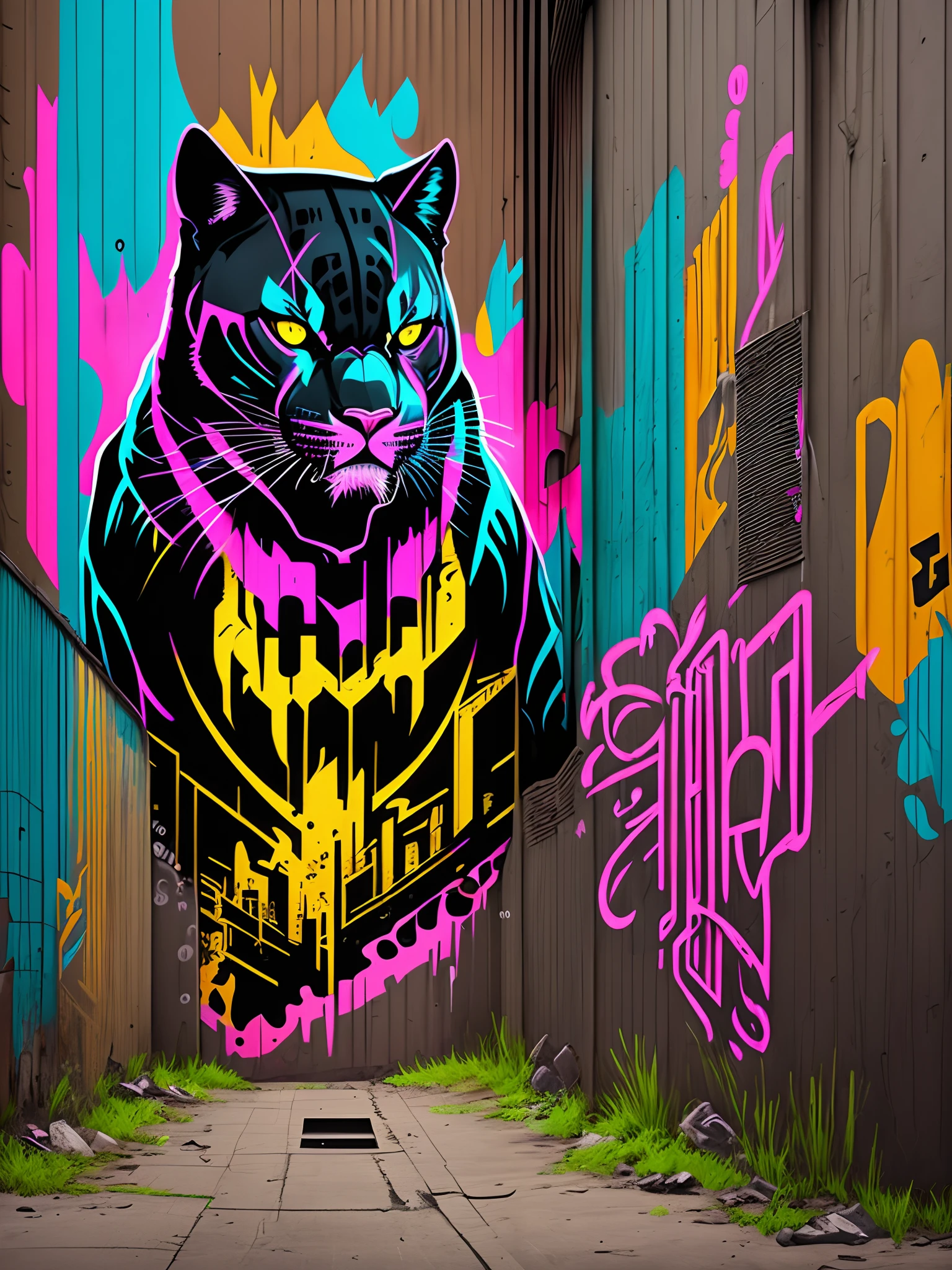 An edgy graffiti-style t-shirt design featuring a rebellious black panther, vividly colored with neon hues, roaring fiercely amidst a dystopian cityscape, chaotic and vibrant, Street art, spray paint on concrete wall, --auto --s2