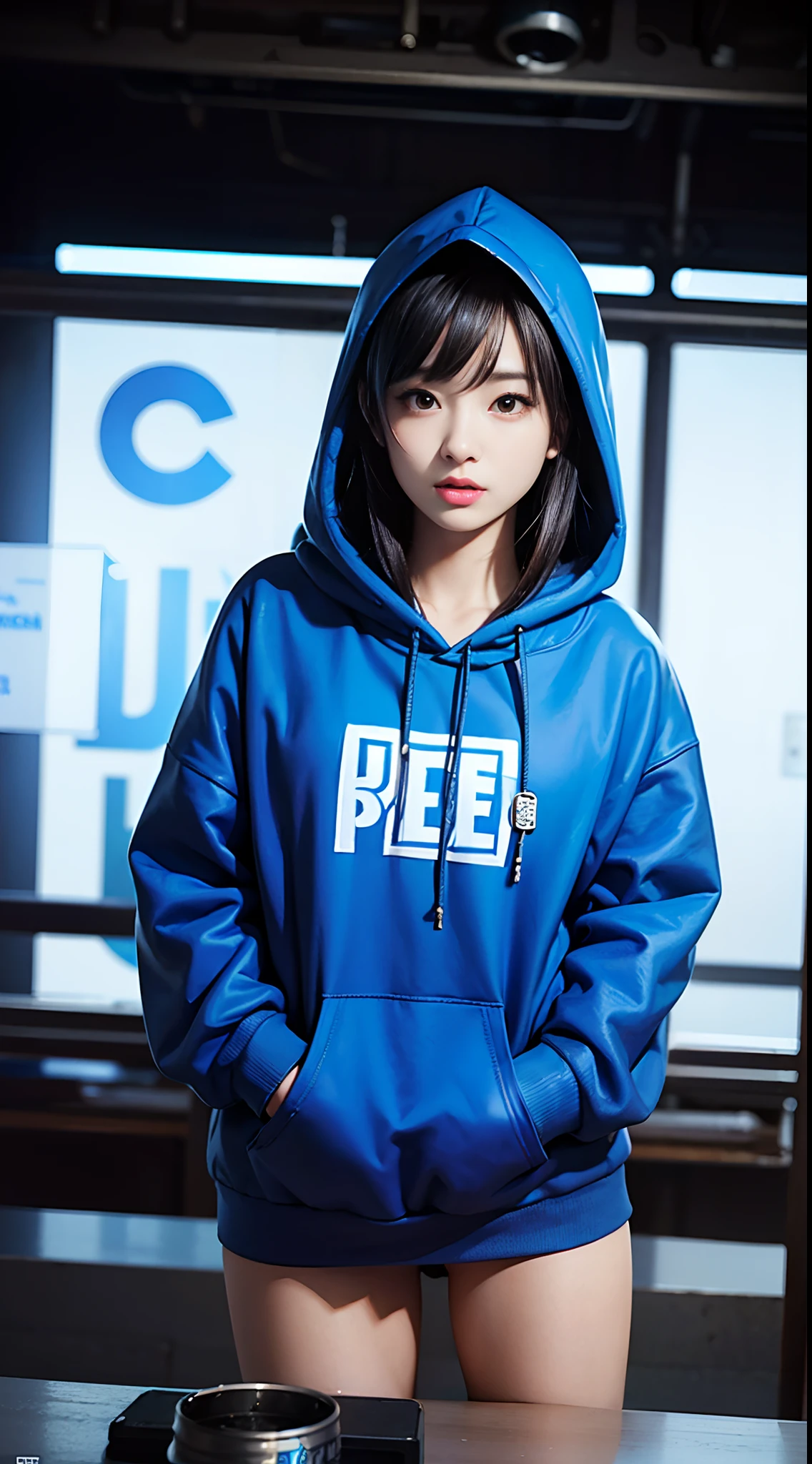 Alafe in blue hoodie with Pepsi can and drink, Wearing a blue hoodie, girl wearing hoodie, Blue Hoodie, wearing an oversized hoodie, wearing a neon blue hoodie, Wearing hoodie, oversized hoodie, Wearing a hoodie, japanese streetwear, Wearing a hoodie and sweatpants, black haired girl wearing hoodie, ulzzangs, in a hoodie, 🤤 girl portrait，20 year old beautiful woman
