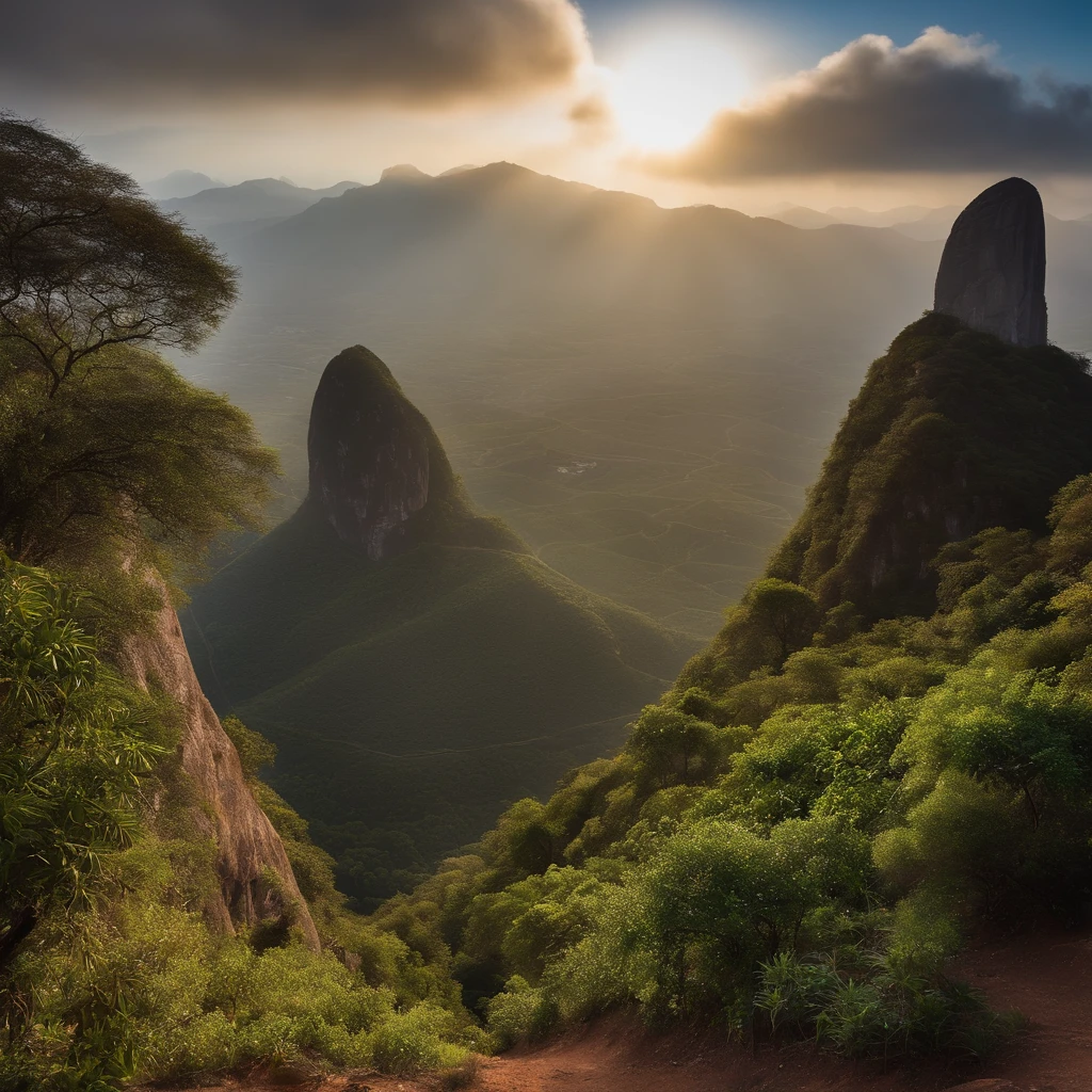 Pedra Dourada is 1,100 meters above sea level. Buddhists believe that it is Buddha's hair that balances the rock, which has withstood earthquakes and cyclones, vivid and clear professional photos, and in the background there is a very soft flute sound, photorealistic, 16k, sunreal photo, cinematic